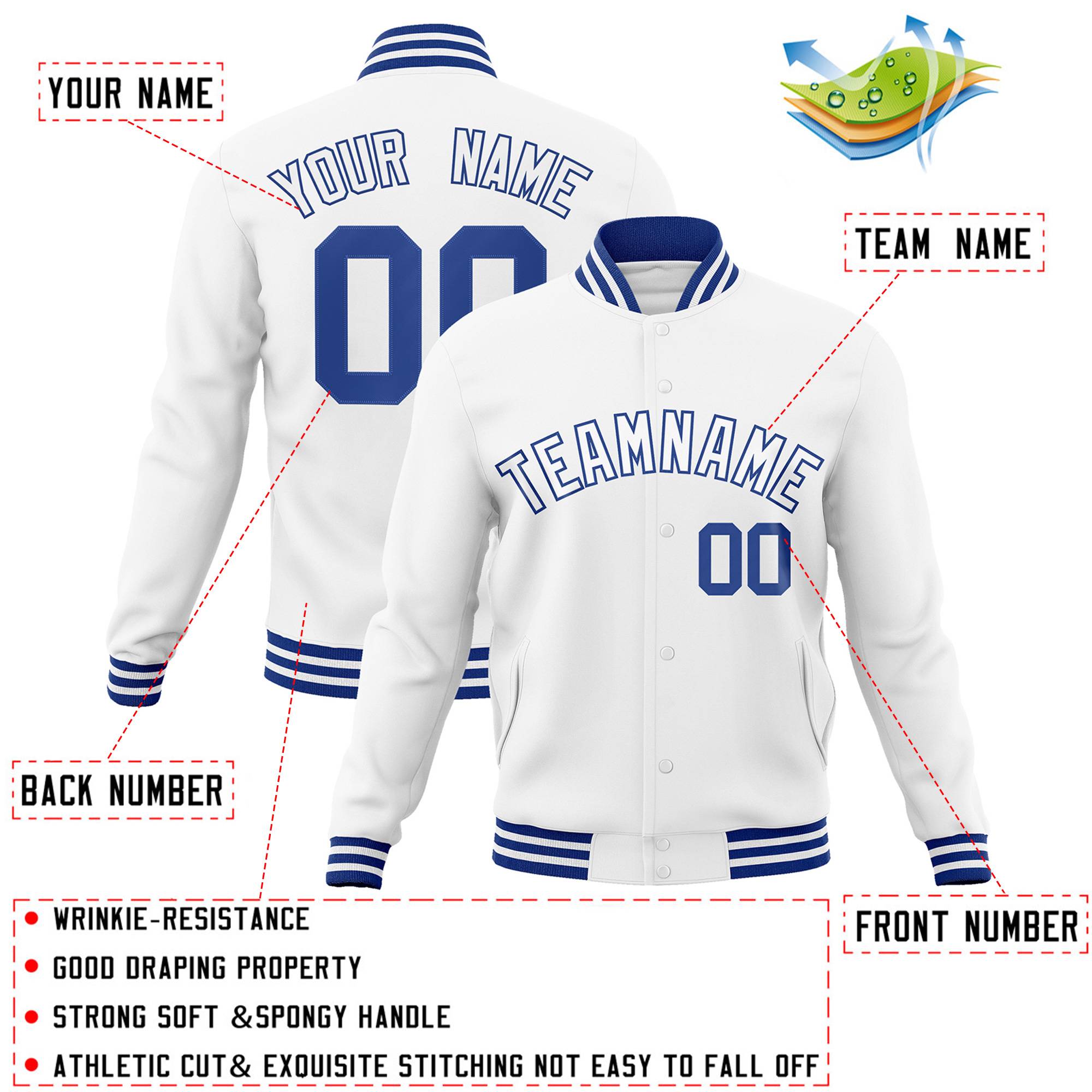 Veste Letterman Varsity Full-Snap personnalisée blanc-royal de style classique