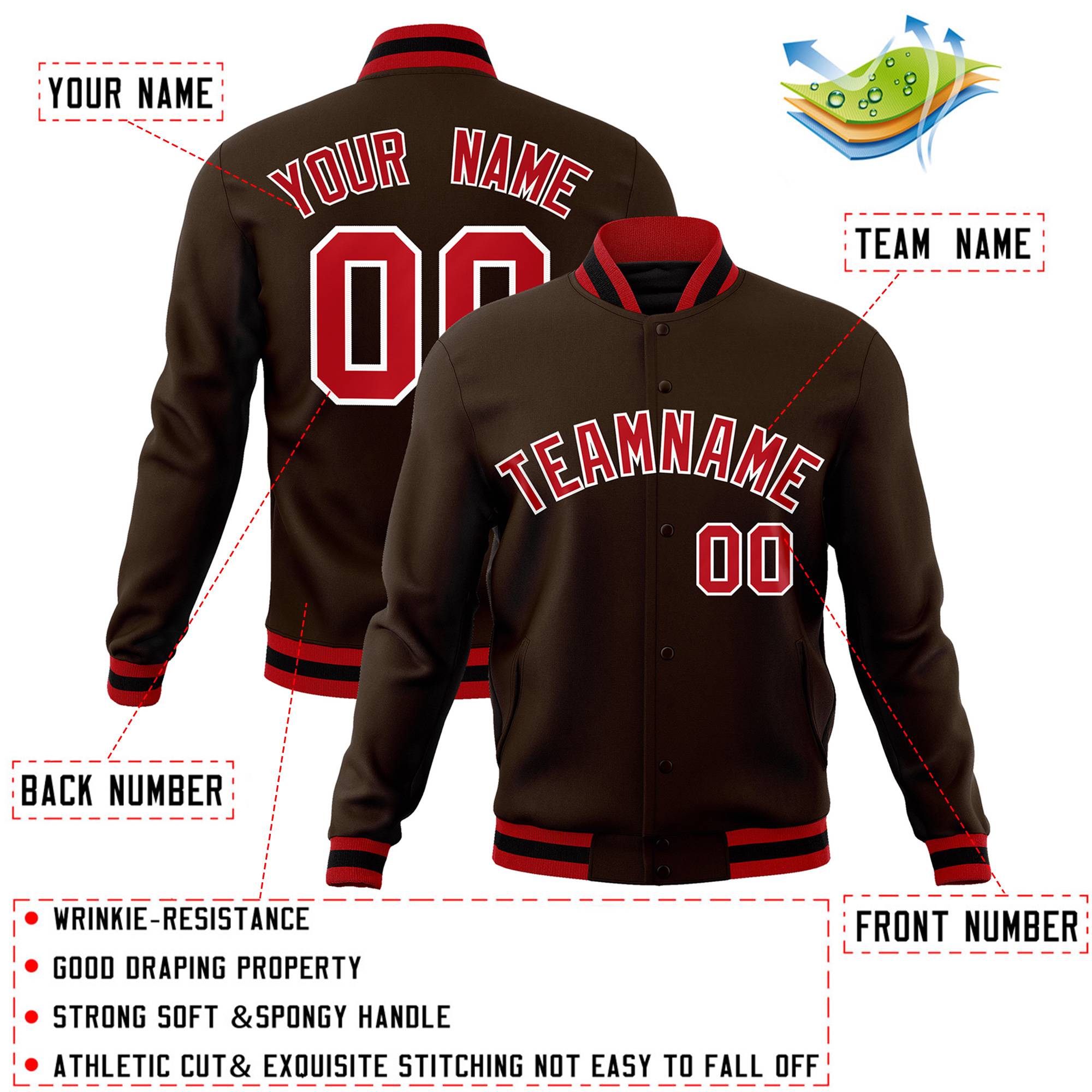 Custom Brown Red-White Classic Style Varsity Full-Snap Letterman Jacket