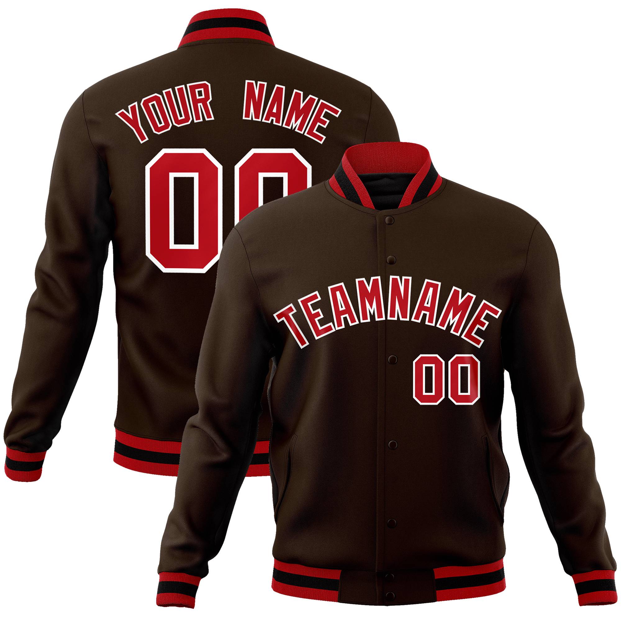 Custom Brown Red-White Classic Style Varsity Full-Snap Letterman Jacket