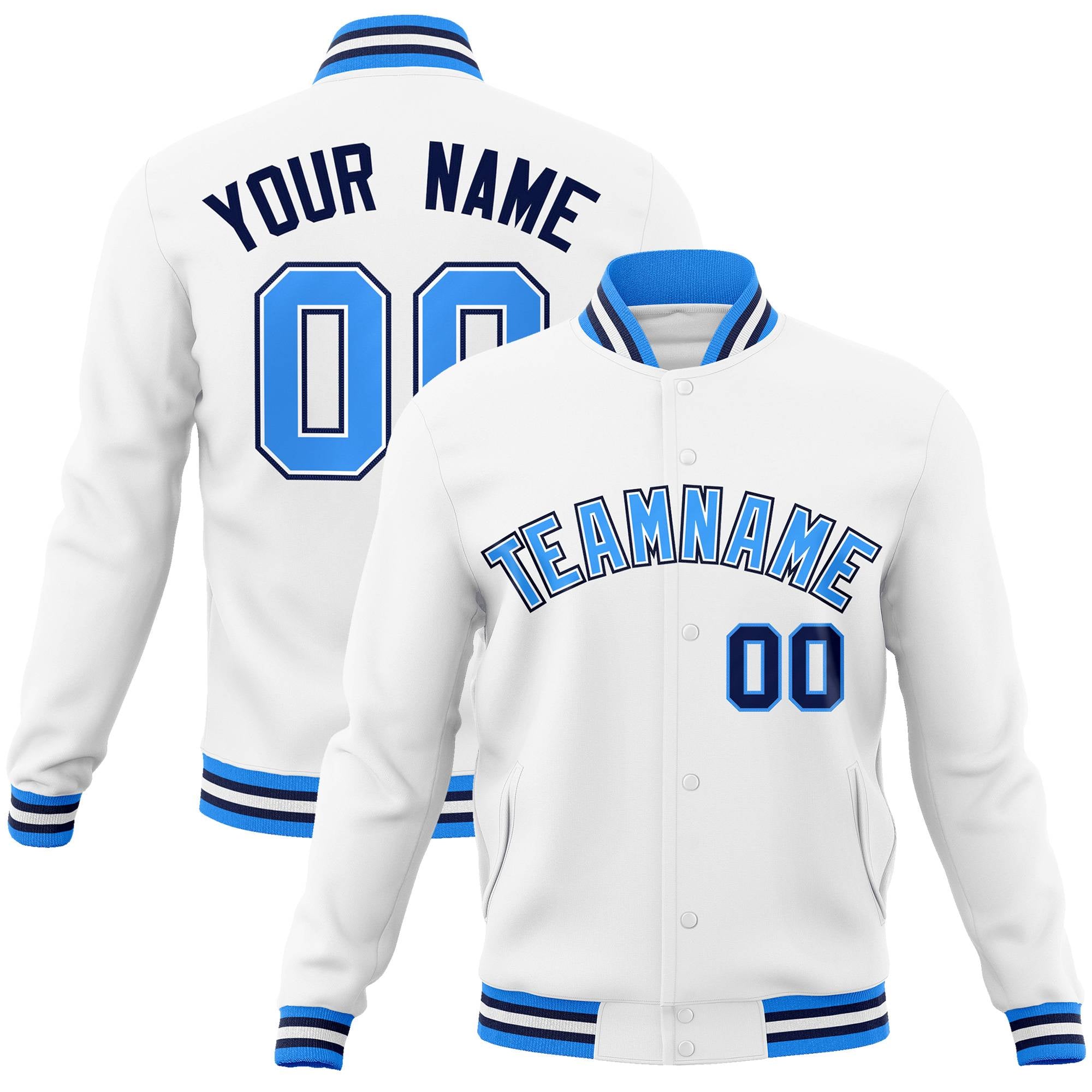 Custom White Powder Blue-White Classic Style Varsity Full-Snap Letterman Jacket