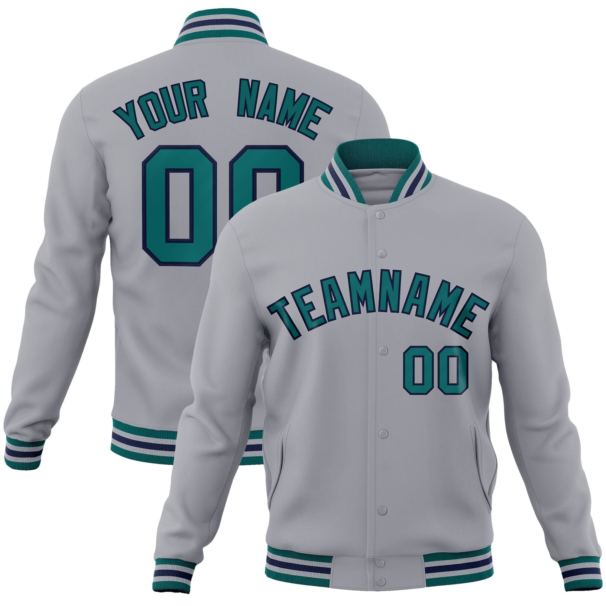 Custom Gray Aqua-Navy Classic Style Varsity Full-Snap Letterman Jacket