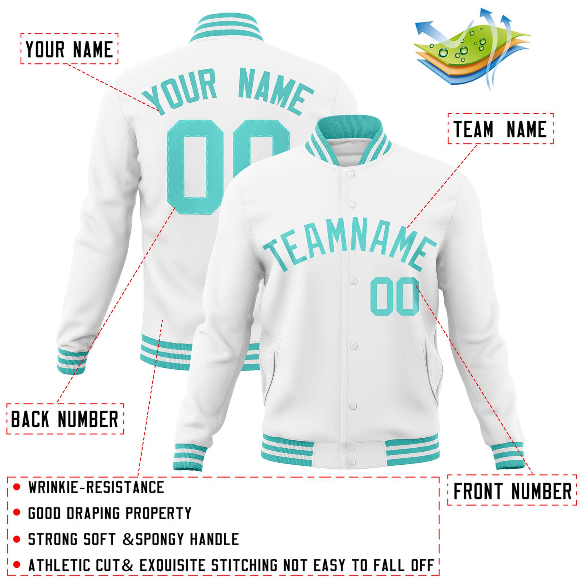 Custom White Aqua Classic Style Varsity Full-Snap Letterman Jacket