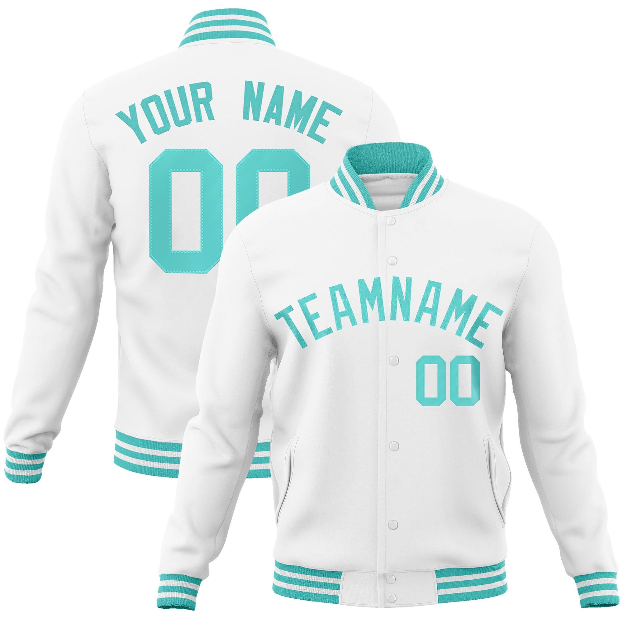 Custom White Aqua Classic Style Varsity Full-Snap Letterman Jacket