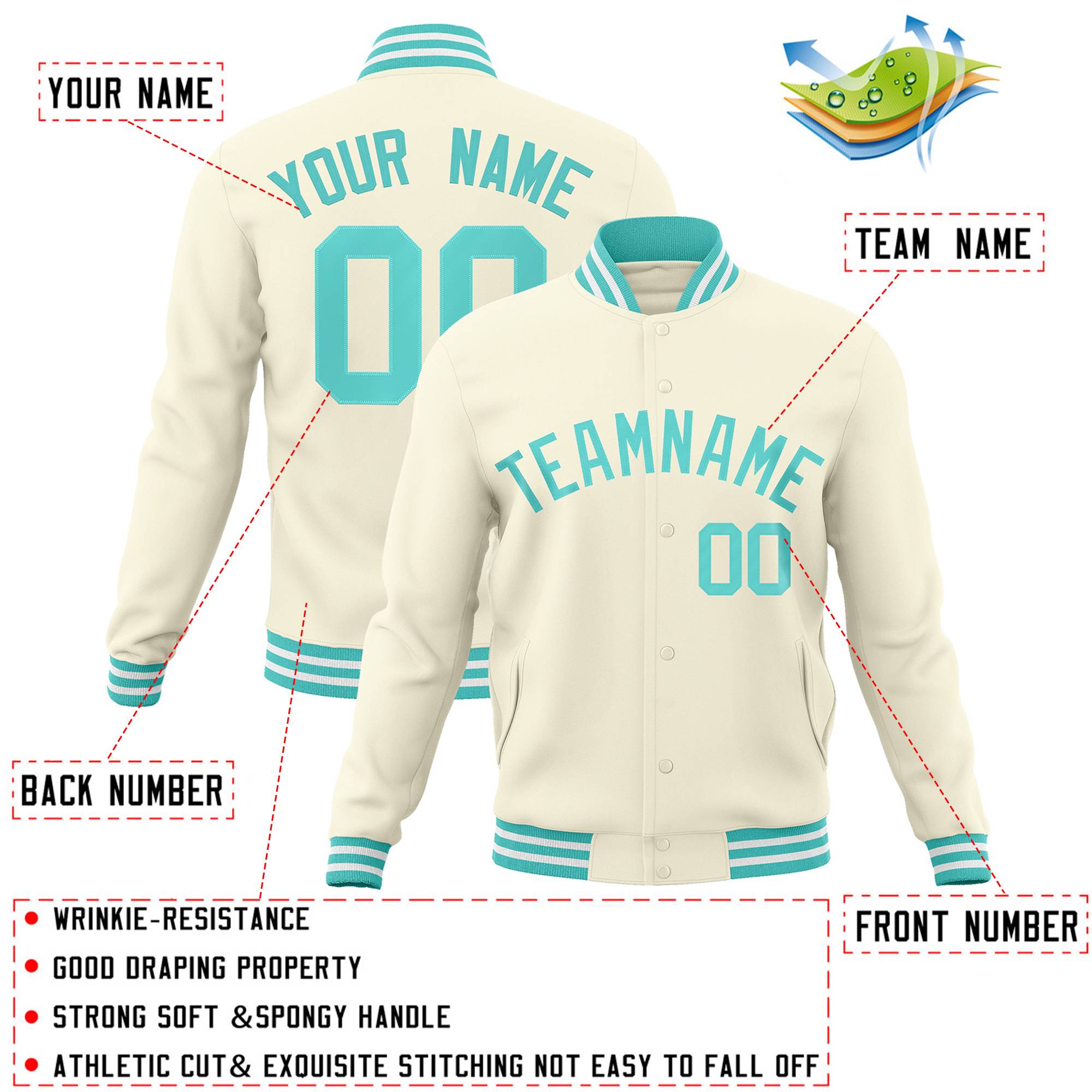 Custom Khaki Aqua Classic Style Varsity Full-Snap Letterman Jacket