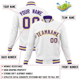 Custom White Purple-White Classic Style Varsity Full-Snap Letterman Jacket