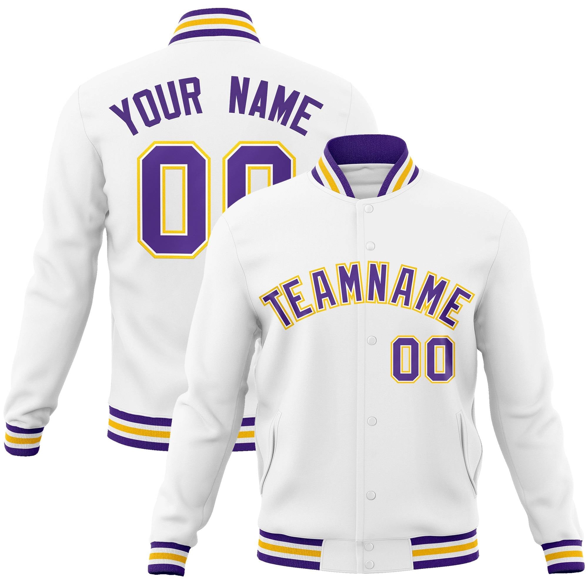 Custom White Purple-White Classic Style Varsity Full-Snap Letterman Jacket