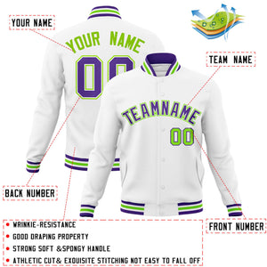 Custom White Purple-White Classic Style Varsity Full-Snap Letterman Jacket