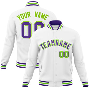 Custom White Purple-White Classic Style Varsity Full-Snap Letterman Jacket