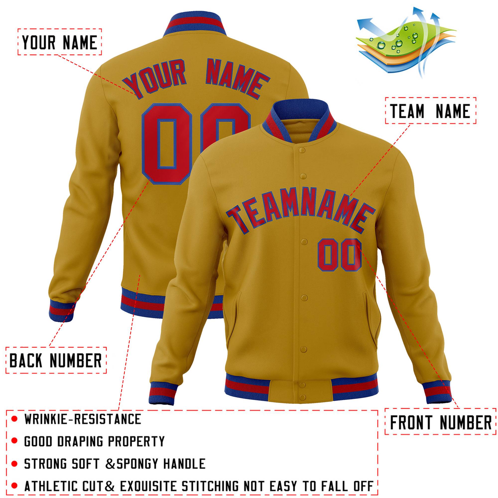 Veste Letterman personnalisée Old Gold Red-Royal Classic Style Varsity Full-Snap