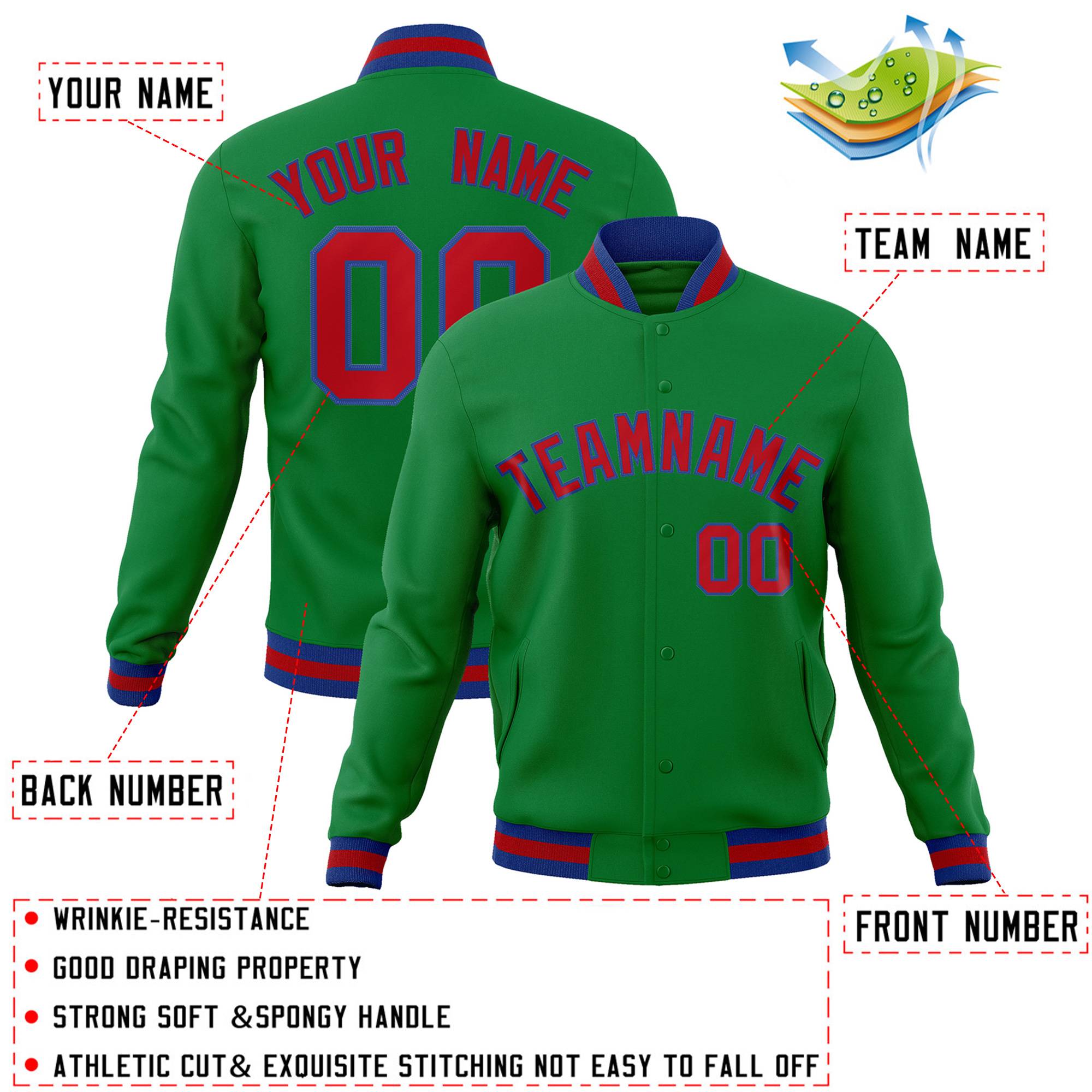 Custom Green Red-Royal Classic Style Varsity Full-Snap Letterman Jacket