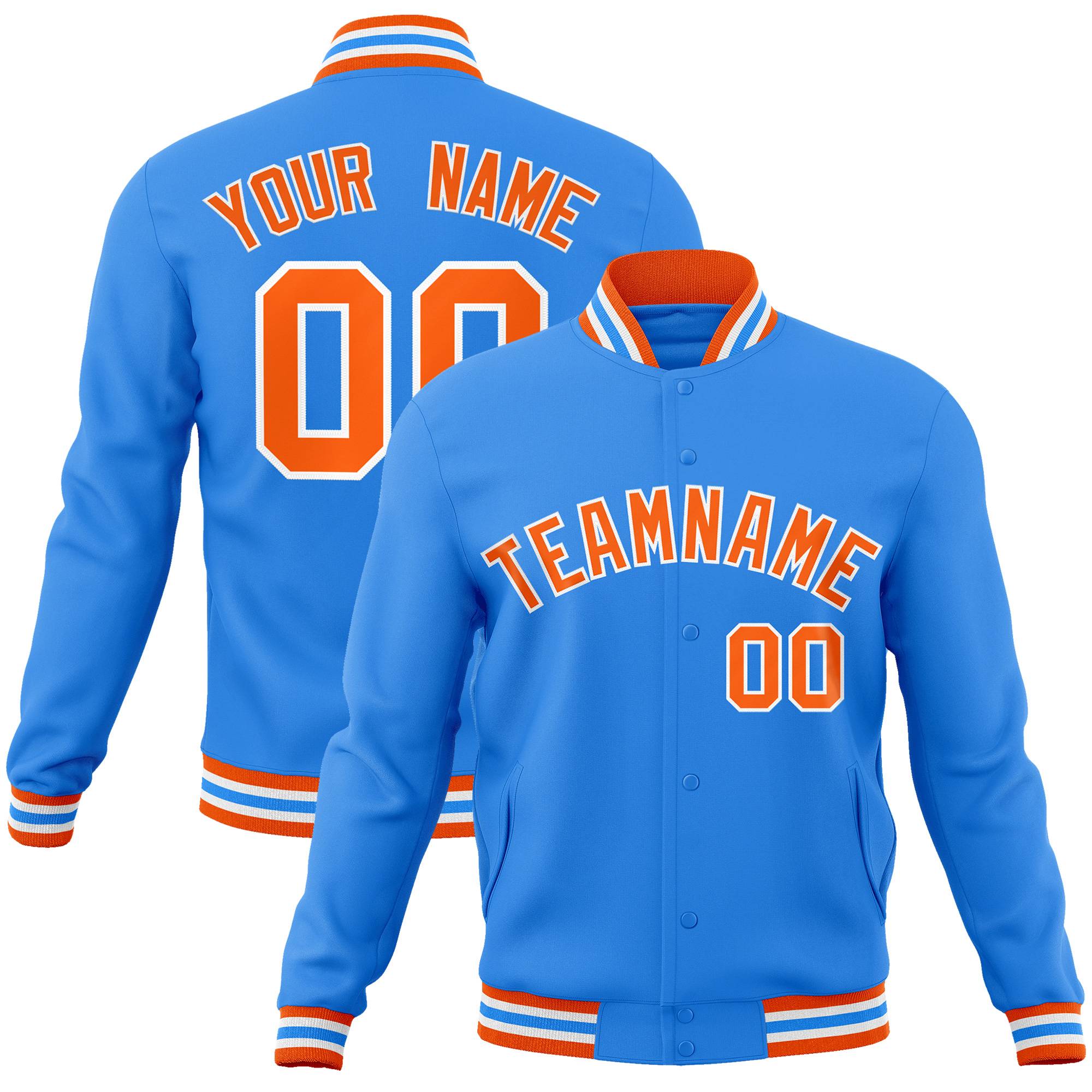 Custom Powder Blue Orange-White Classic Style Varsity Full-Snap Letterman Jacket