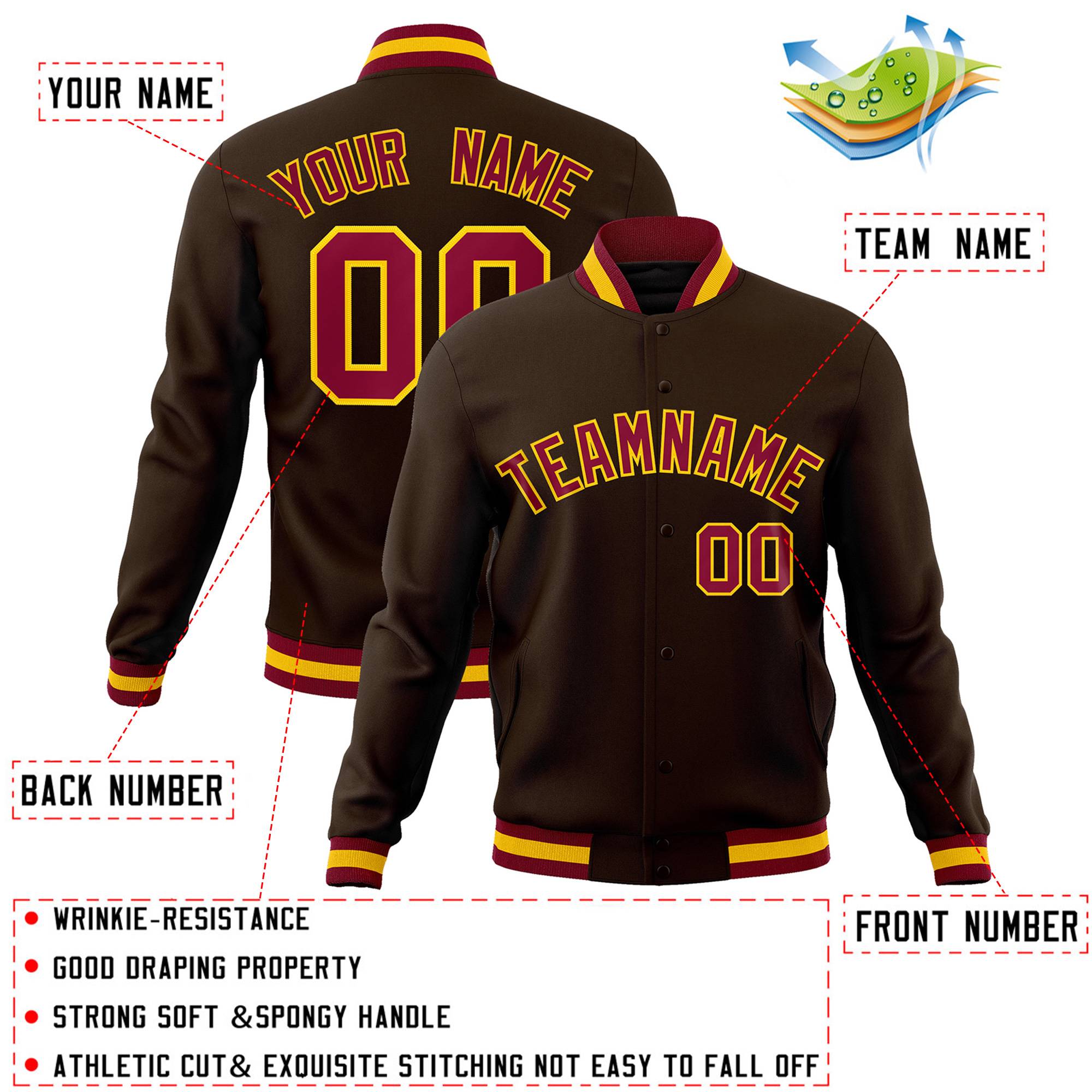 Custom Brown Crimson-Gold Classic Style Varsity Full-Snap Letterman Jacket