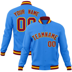 Custom Powder Blue Crimson-Gold Classic Style Varsity Full-Snap Letterman Jacket