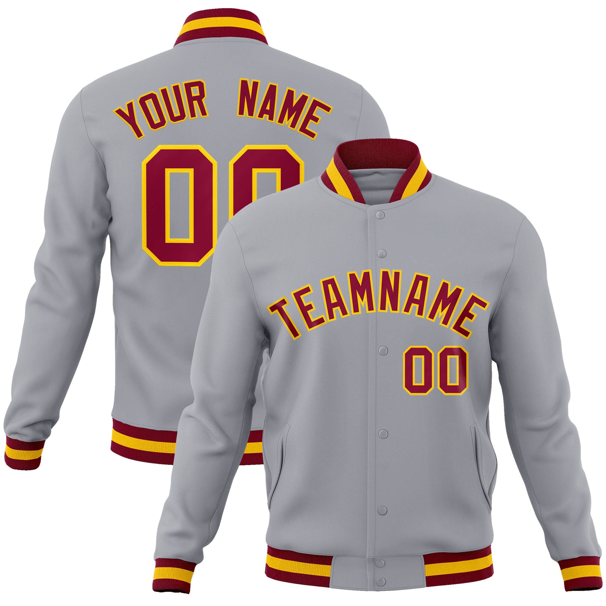 Custom Gray Crimson-Gold Classic Style Varsity Full-Snap Letterman Jacket