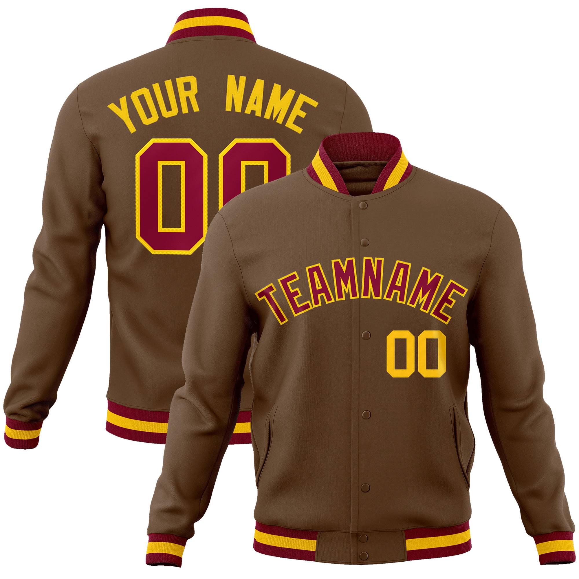 Custom Light Brown Crimson-Gold Classic Style Varsity Full-Snap Letterman Jacket