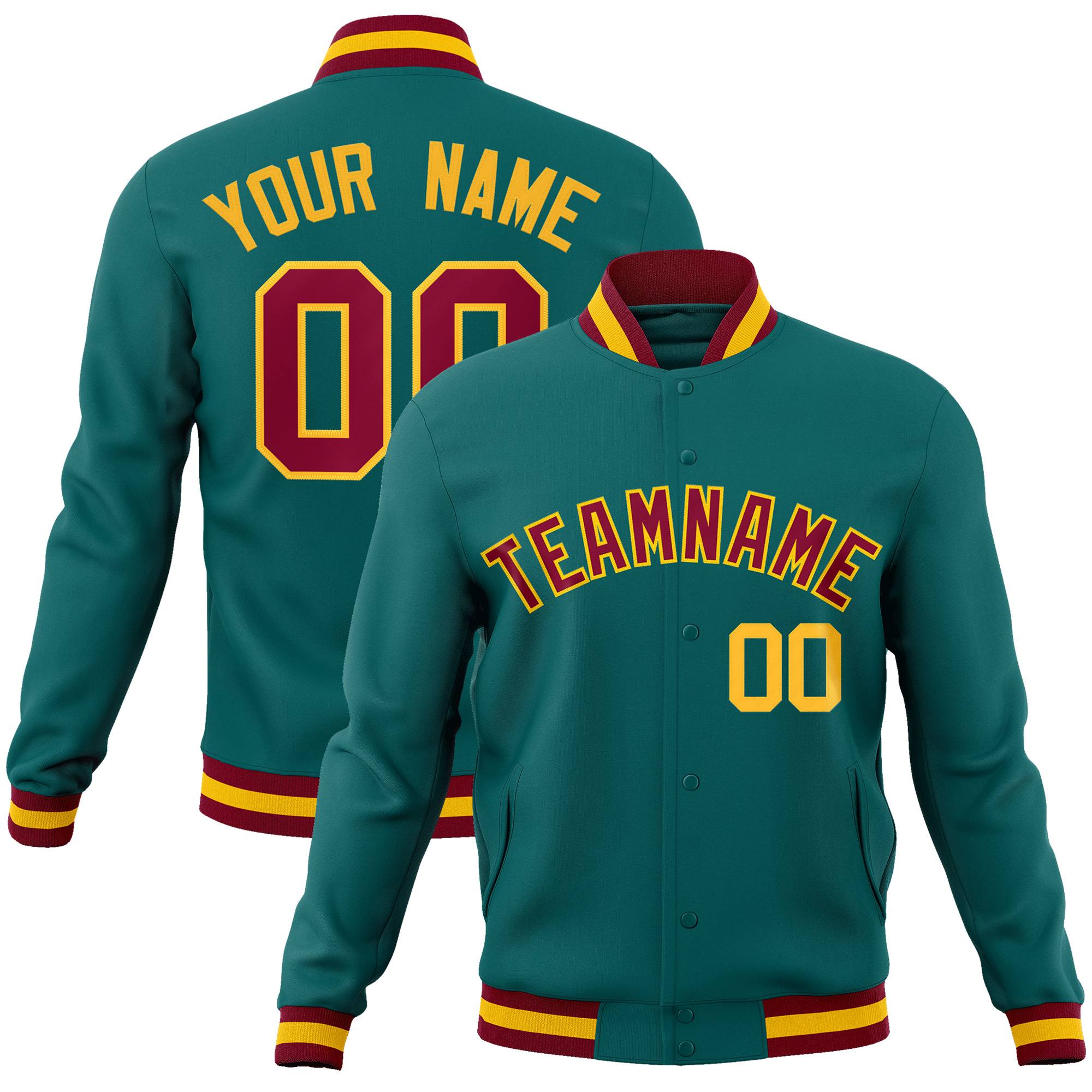 Custom Aqua Crimson-Gold Classic Style Varsity Full-Snap Letterman Jacket