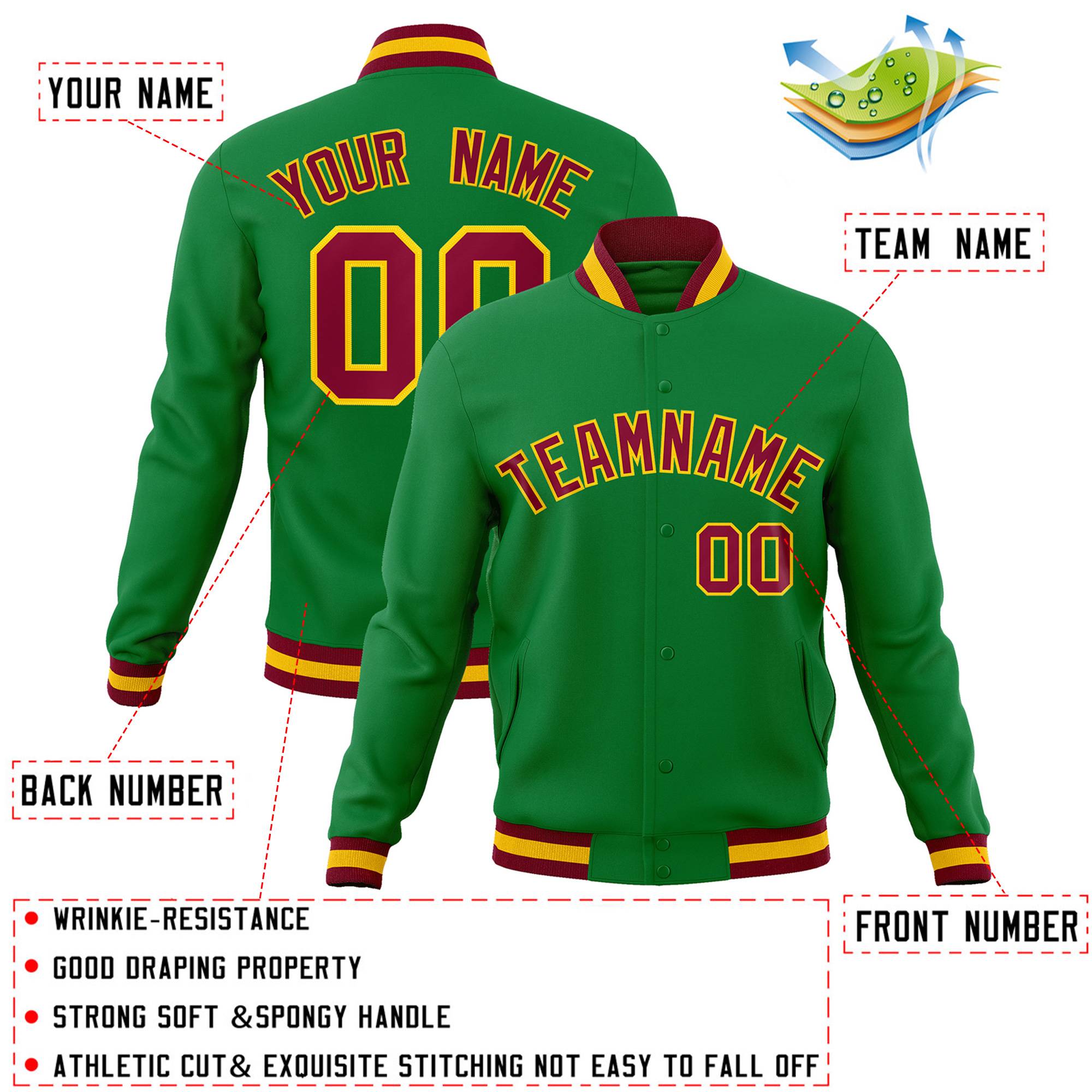 Custom Green Crimson-Gold Classic Style Varsity Full-Snap Letterman Jacket