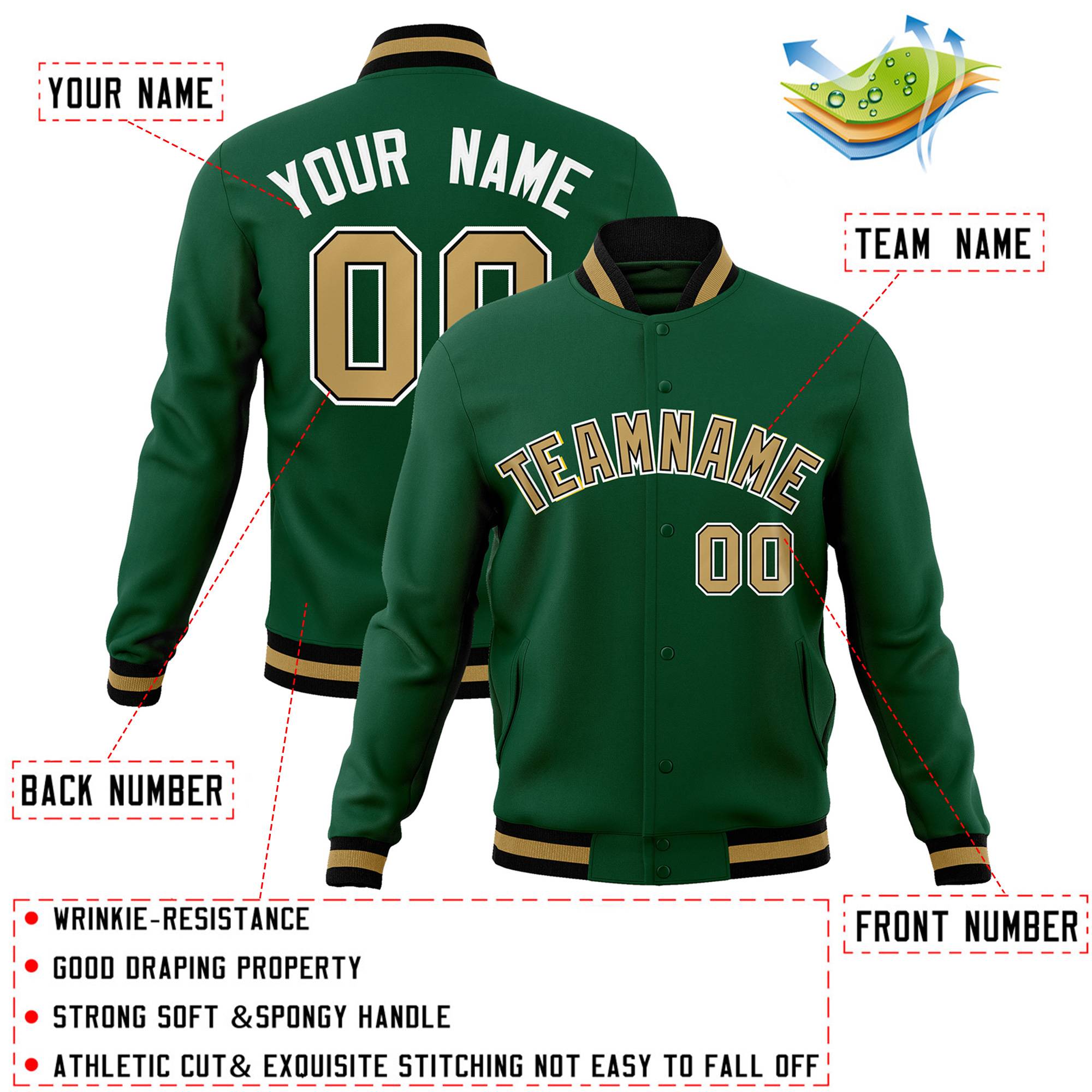 Custom Green Old Gold-Black Classic Style Varsity Full-Snap Letterman Jacket