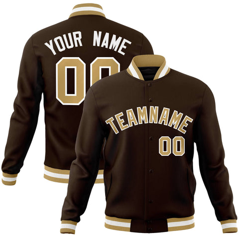 Custom Brown Old Gold-White Classic Style Varsity Full-Snap Letterman Jacket