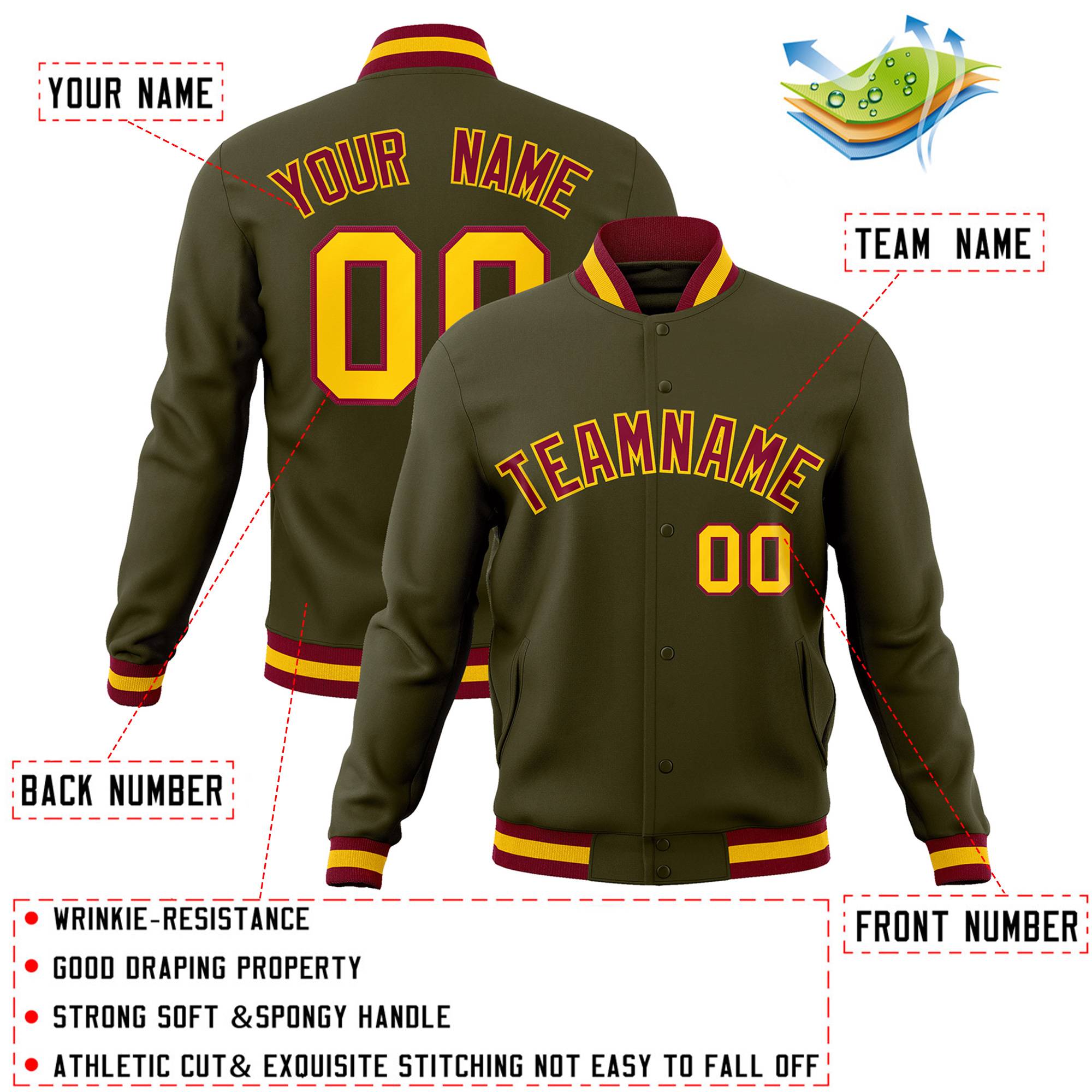 Custom Olive Crimson-Gold Classic Style Varsity Full-Snap Letterman Jacket