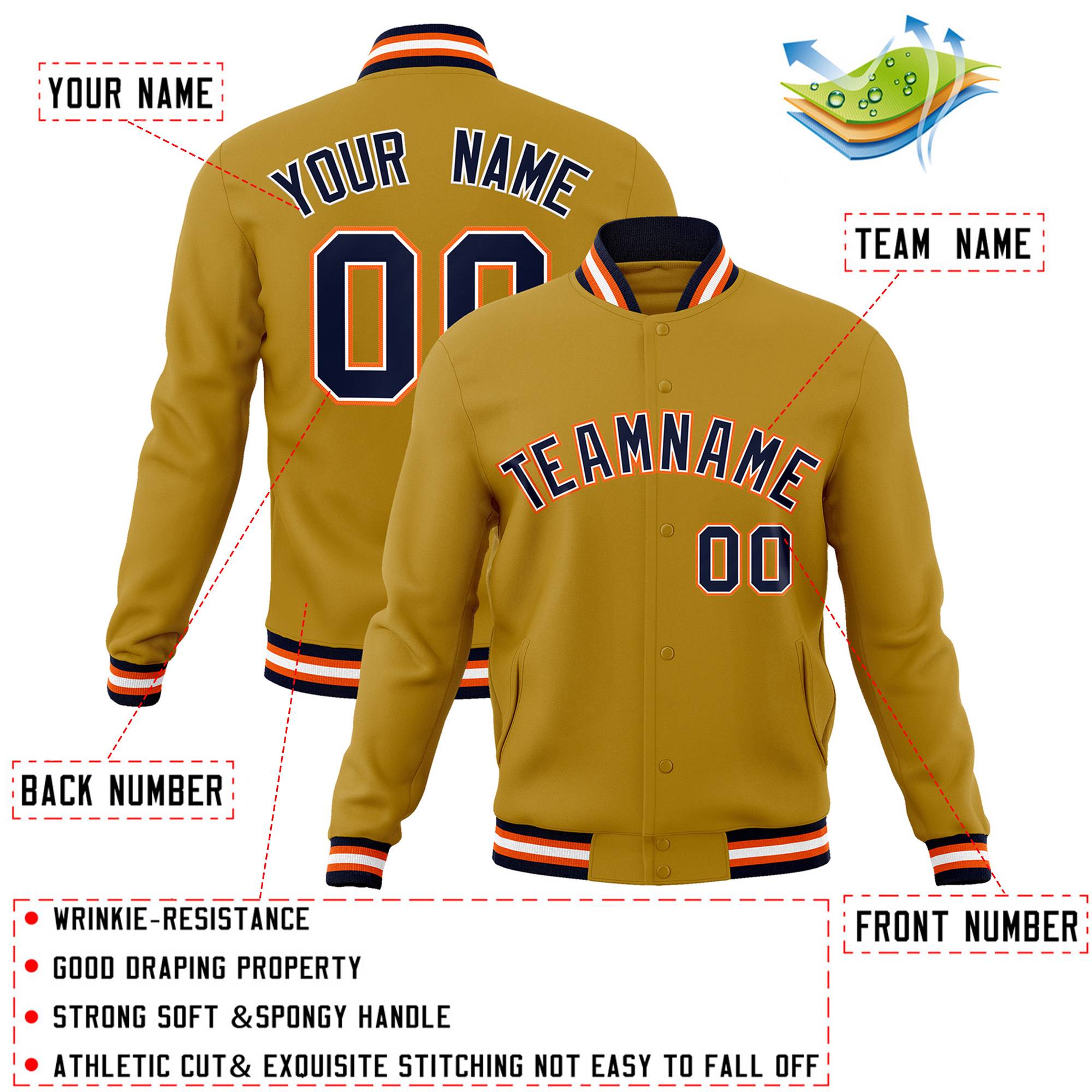 Custom Old Gold Navy-White Classic Style Varsity Full-Snap Letterman Jacket