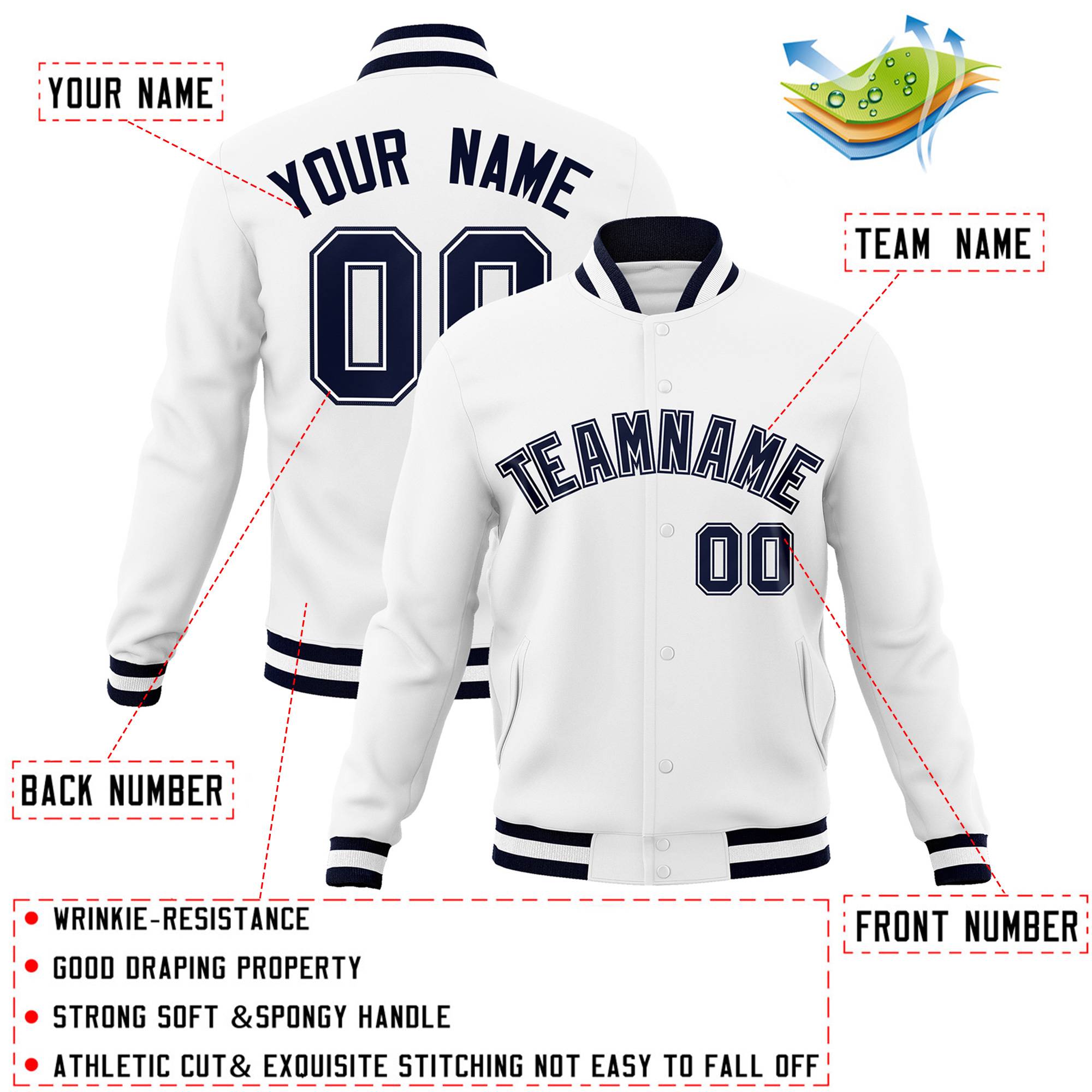 Custom White Navy-White Classic Style Varsity Full-Snap Letterman Jacket