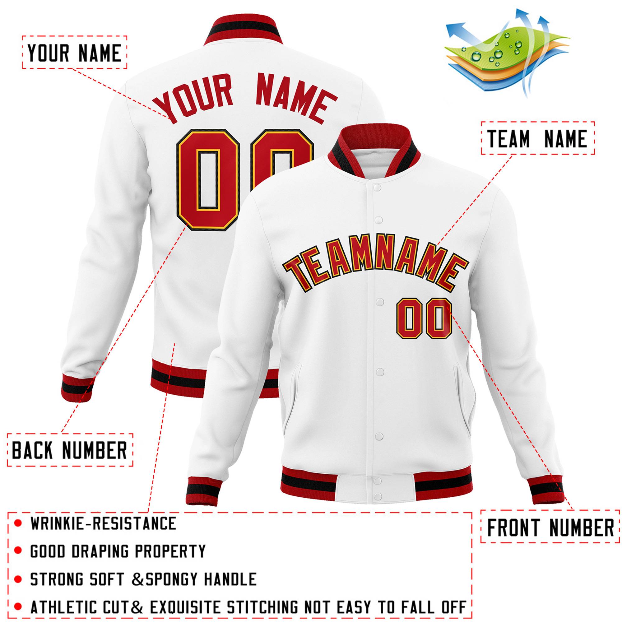 Custom White Red-Yellow Classic Style Varsity Full-Snap Letterman Jacket