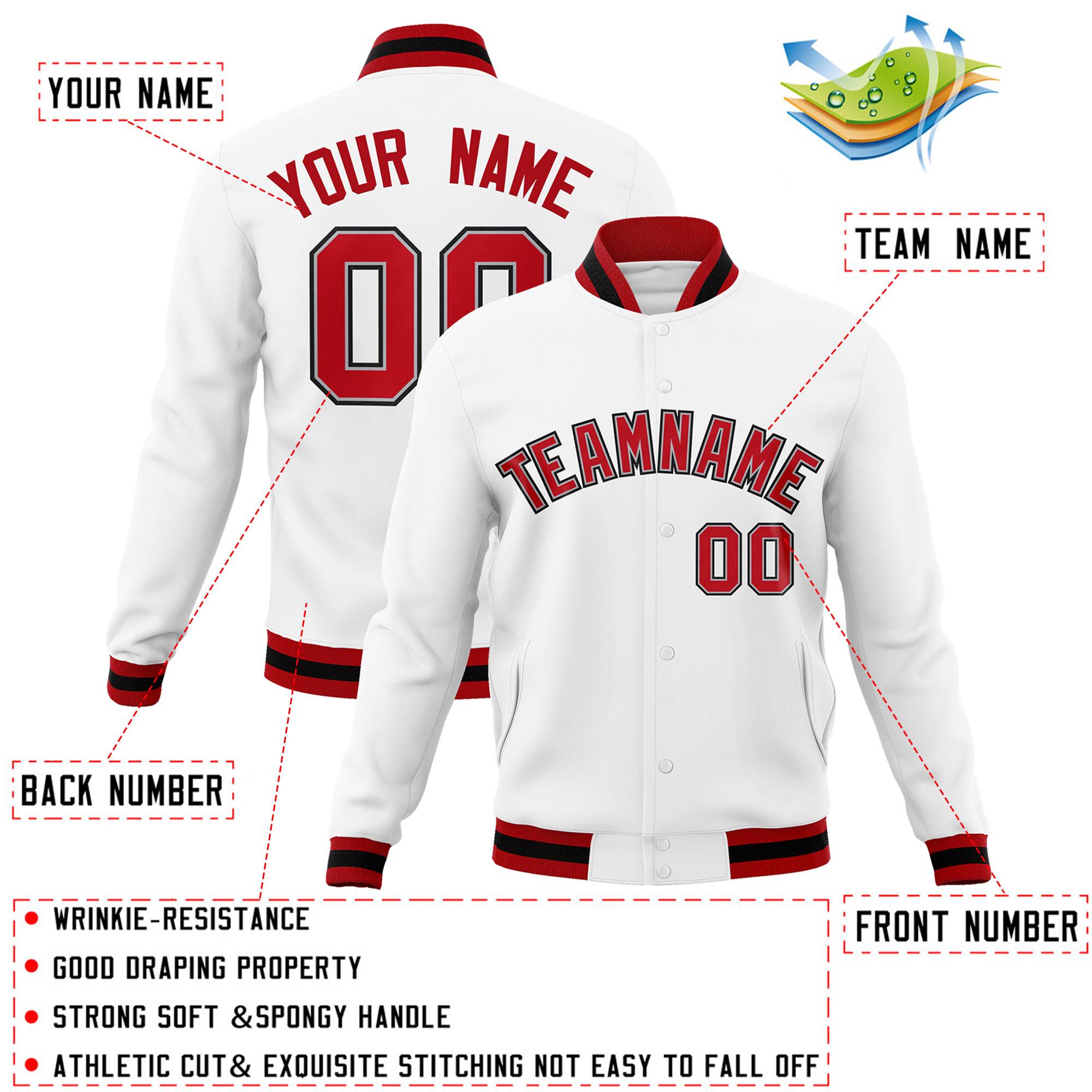 Custom White Red-Gray Classic Style Varsity Full-Snap Letterman Jacket