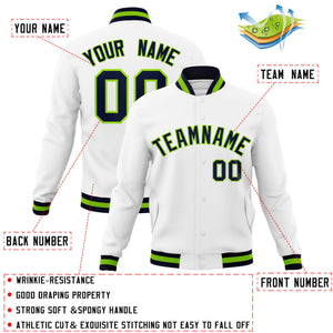 Custom White Navy-Neon Green Classic Style Varsity Full-Snap Letterman Jacket