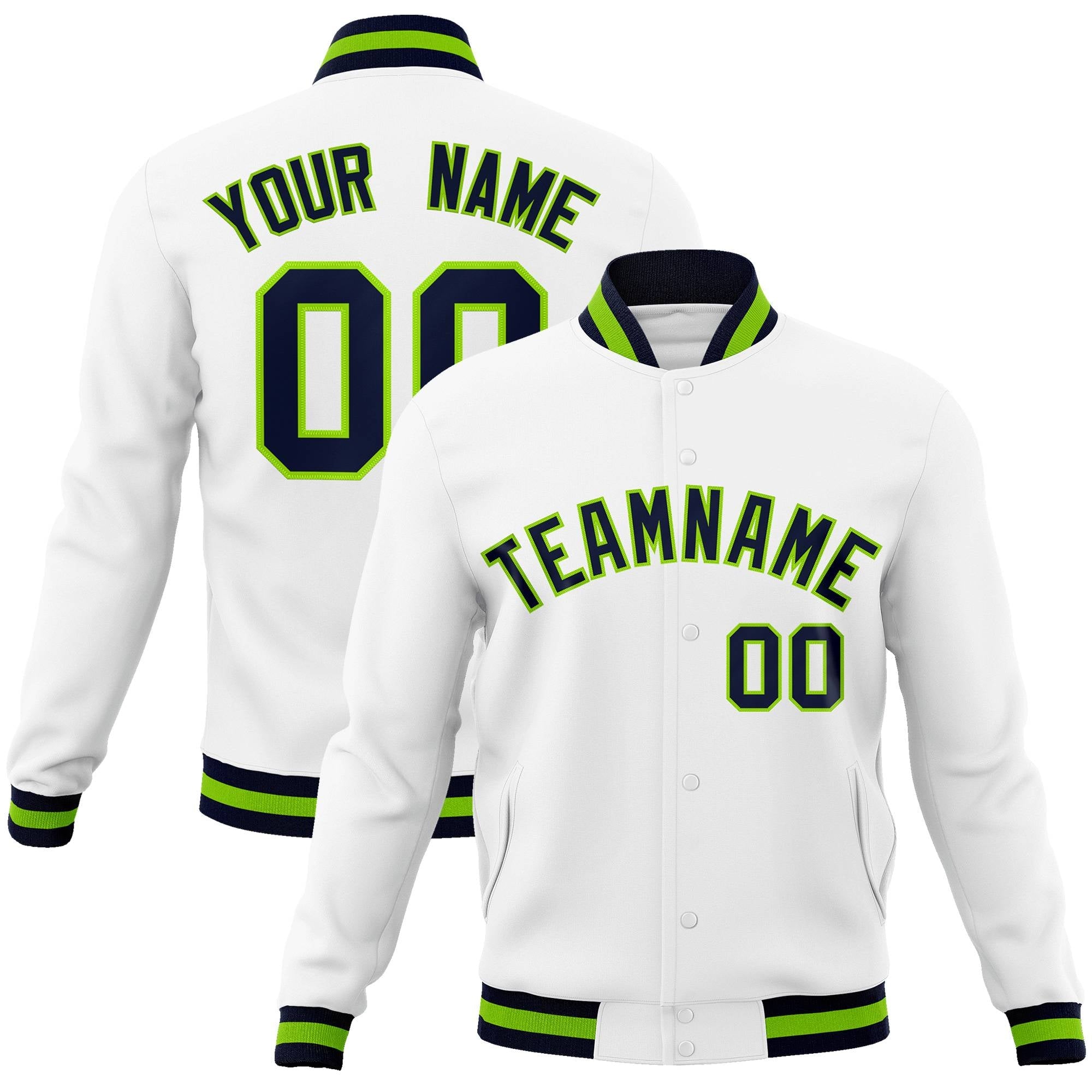 Custom White Navy-Neon Green Classic Style Varsity Full-Snap Letterman Jacket