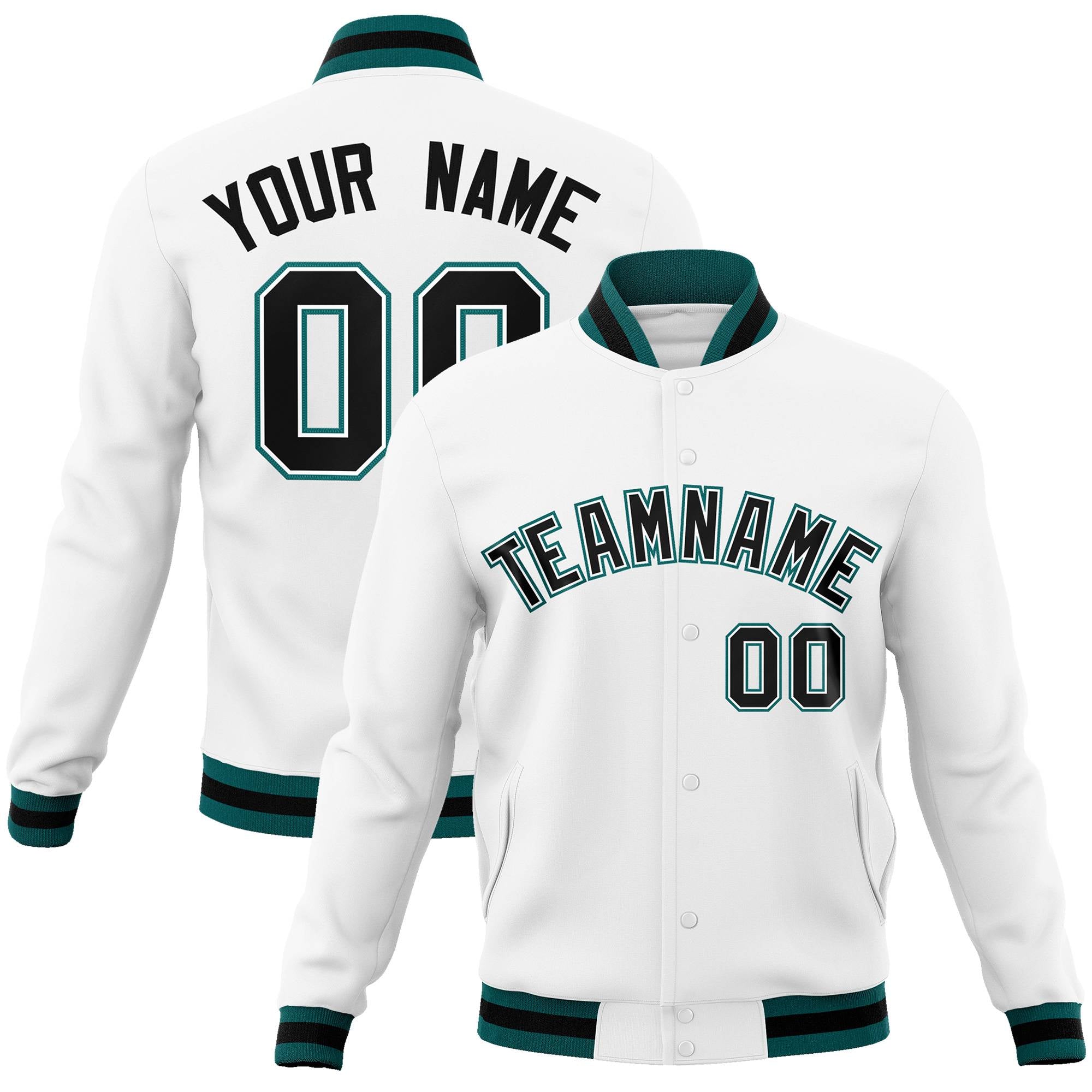 Custom White Black-White Classic Style Varsity Full-Snap Letterman Jacket