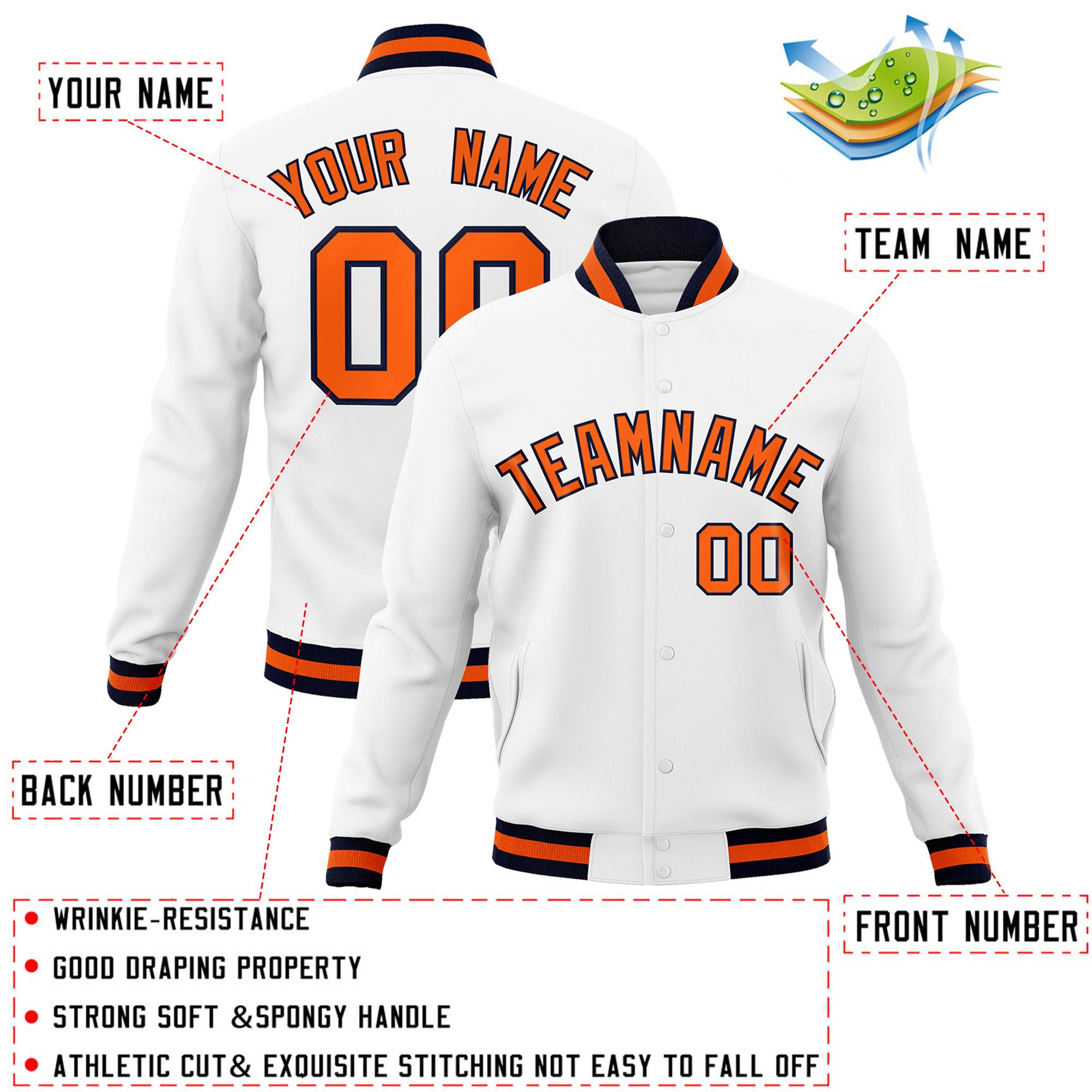 Custom White Orange-Navy Classic Style Varsity Full-Snap Letterman Jacket