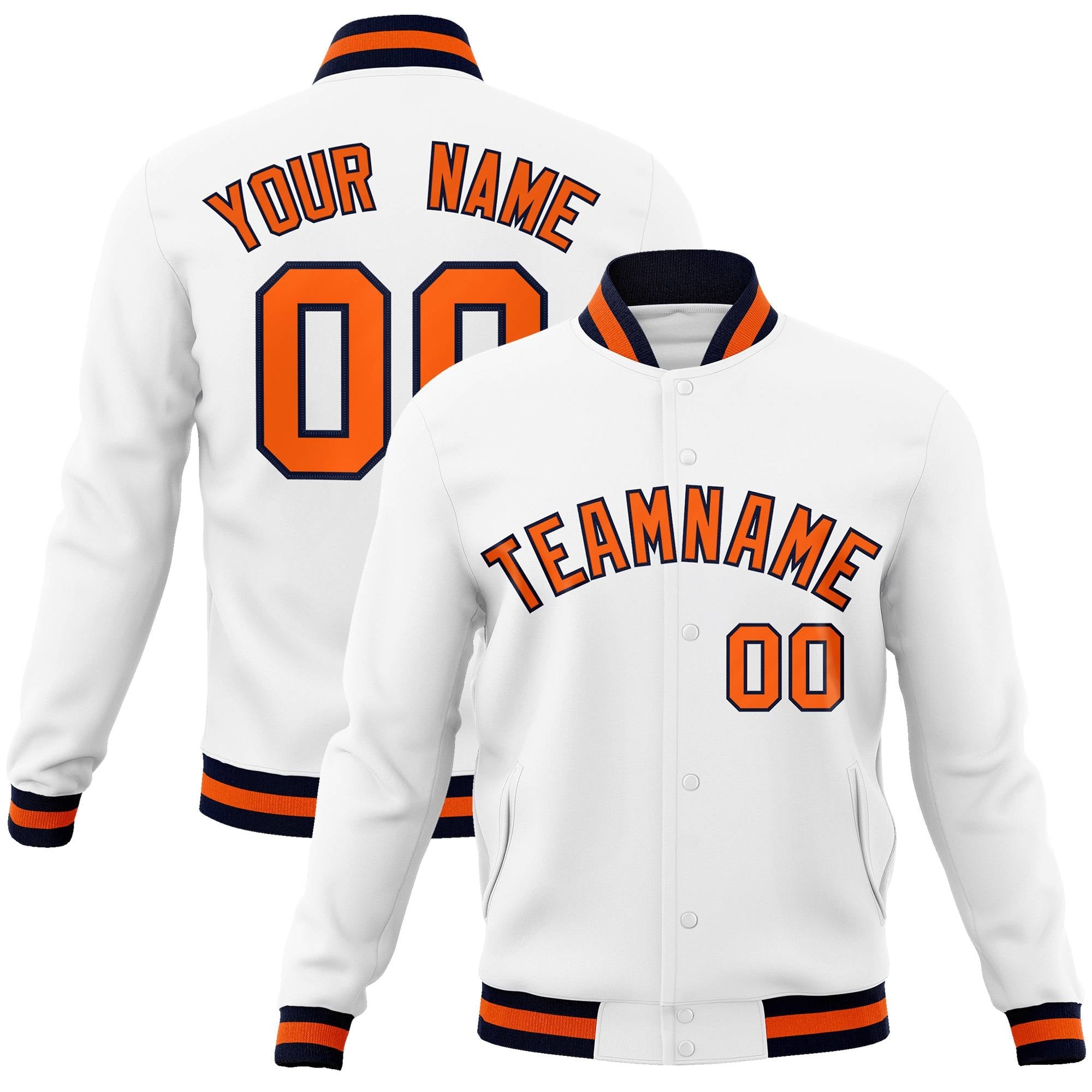 Custom White Orange-Navy Classic Style Varsity Full-Snap Letterman Jacket