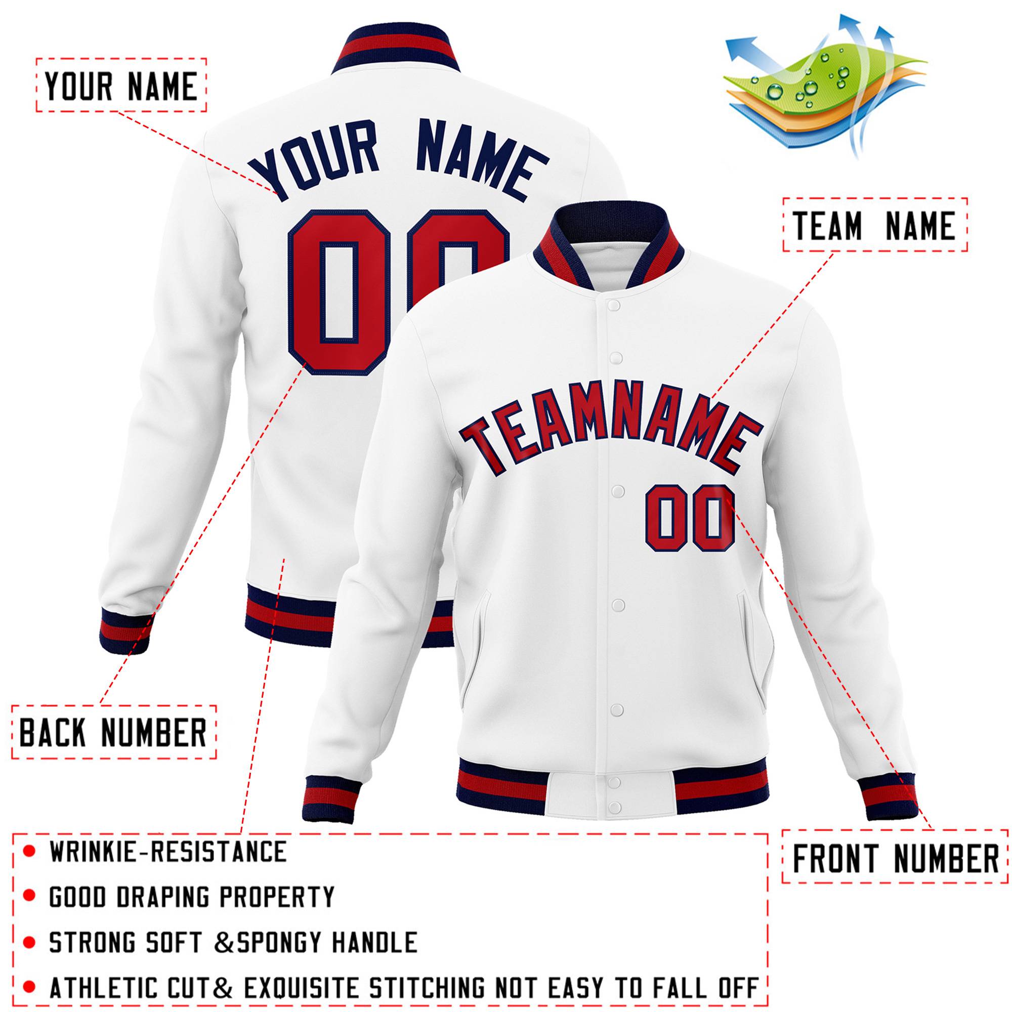 Custom White Red-Navy Classic Style Varsity Full-Snap Letterman Jacket