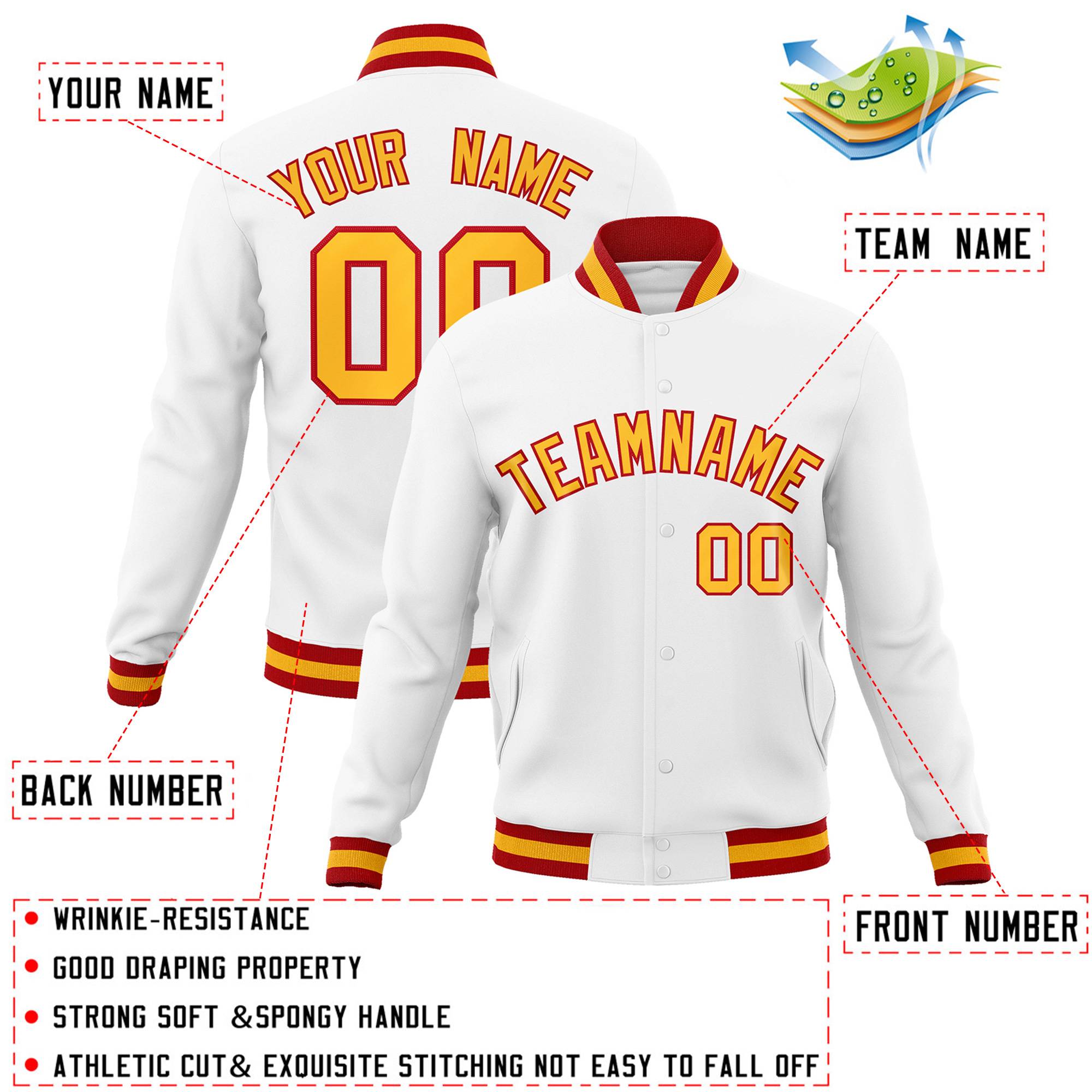 Custom White Yellow-Red Classic Style Varsity Full-Snap Letterman Jacket