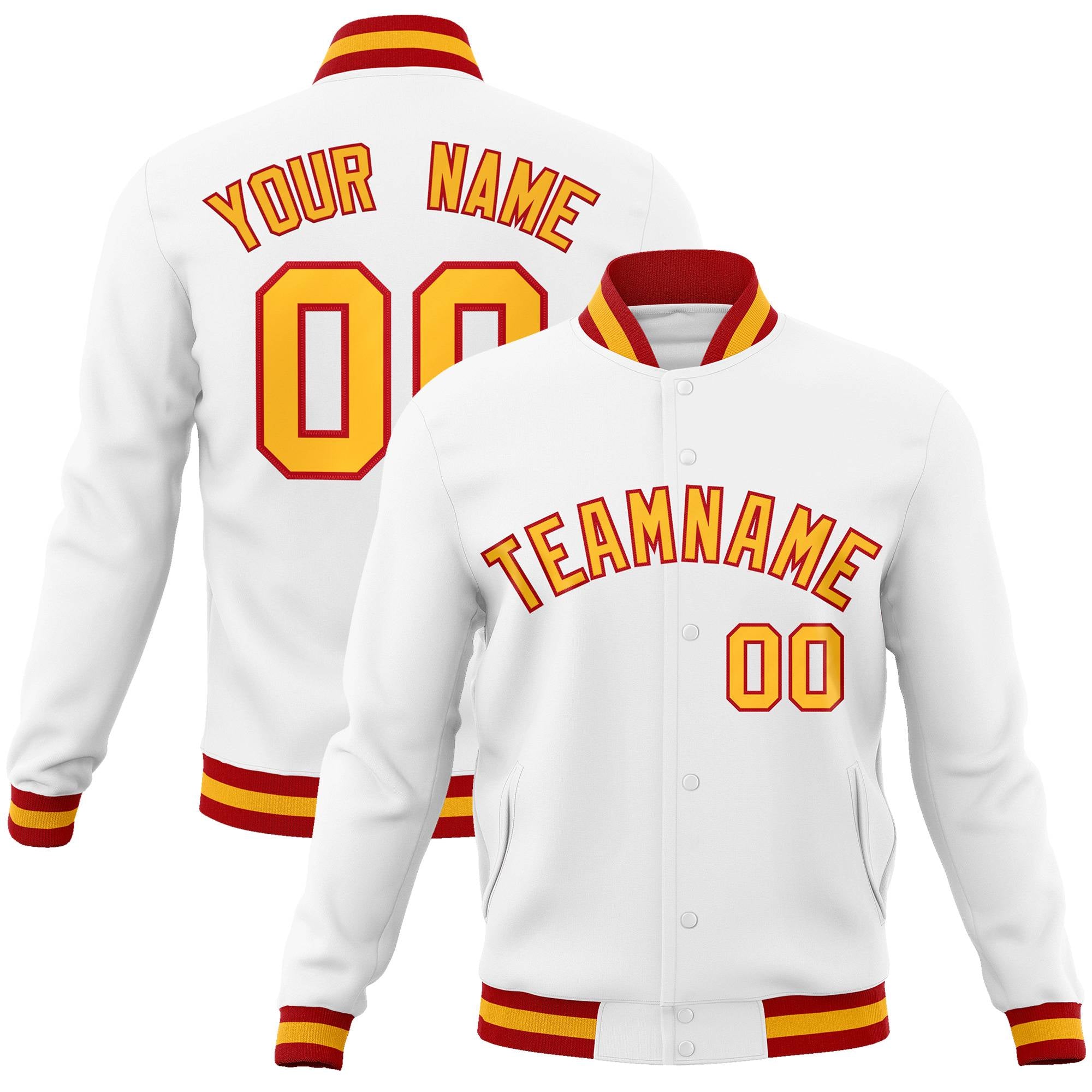 Custom White Yellow-Red Classic Style Varsity Full-Snap Letterman Jacket