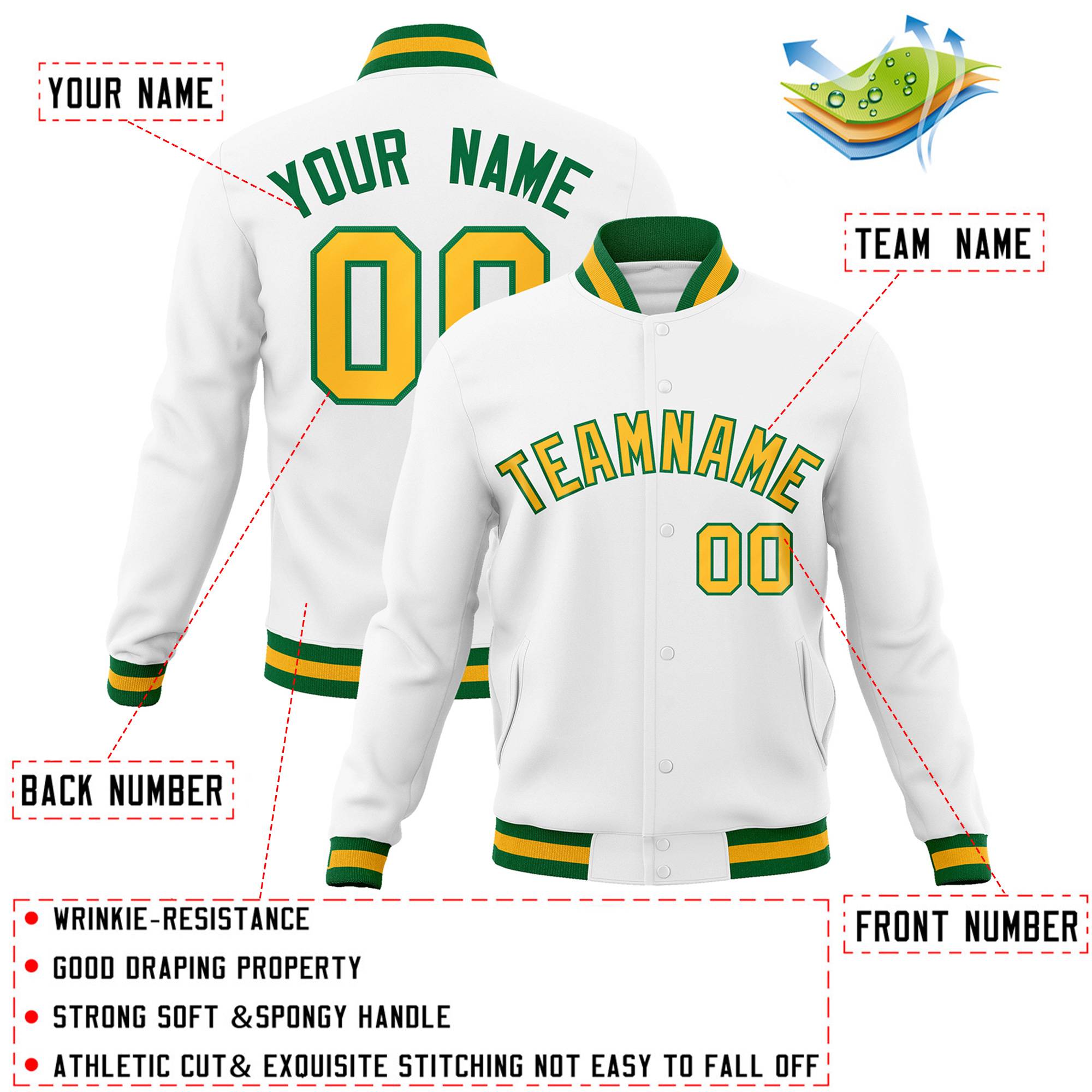 Custom White Yellow-Green Classic Style Varsity Full-Snap Letterman Jacket