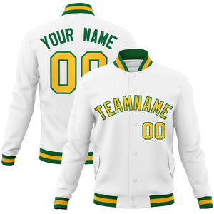 Custom White Yellow-Green Classic Style Varsity Full-Snap Letterman Jacket