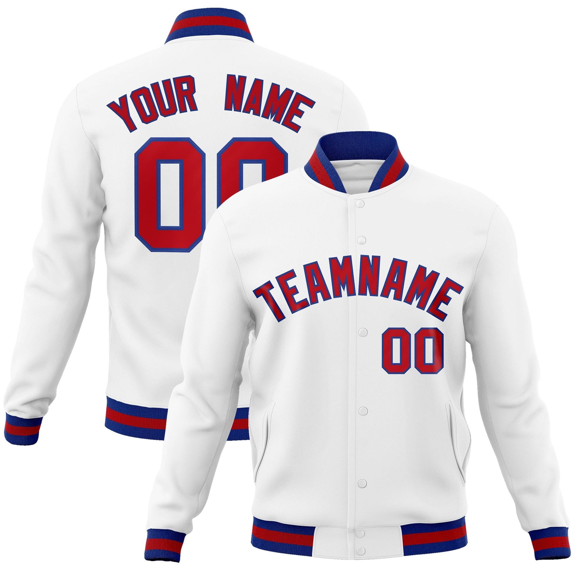 Custom White Red-Royal Classic Style Varsity Full-Snap Letterman Jacket