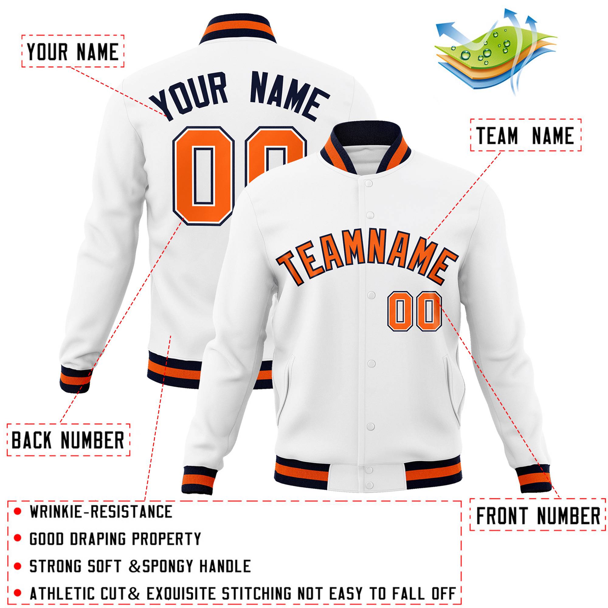 Custom White Orange-Navy Classic Style Varsity Full-Snap Letterman Jacket