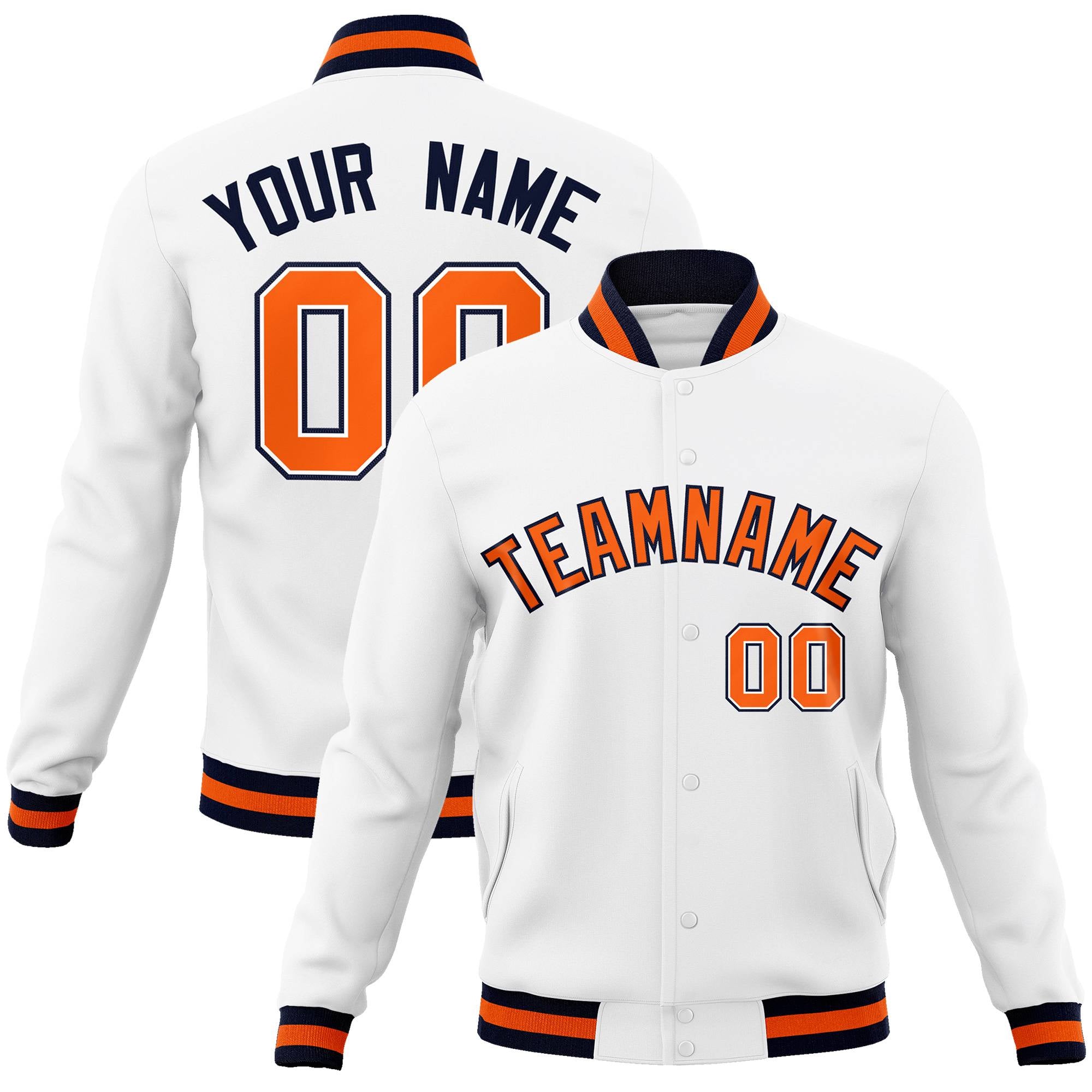 Custom White Orange-Navy Classic Style Varsity Full-Snap Letterman Jacket