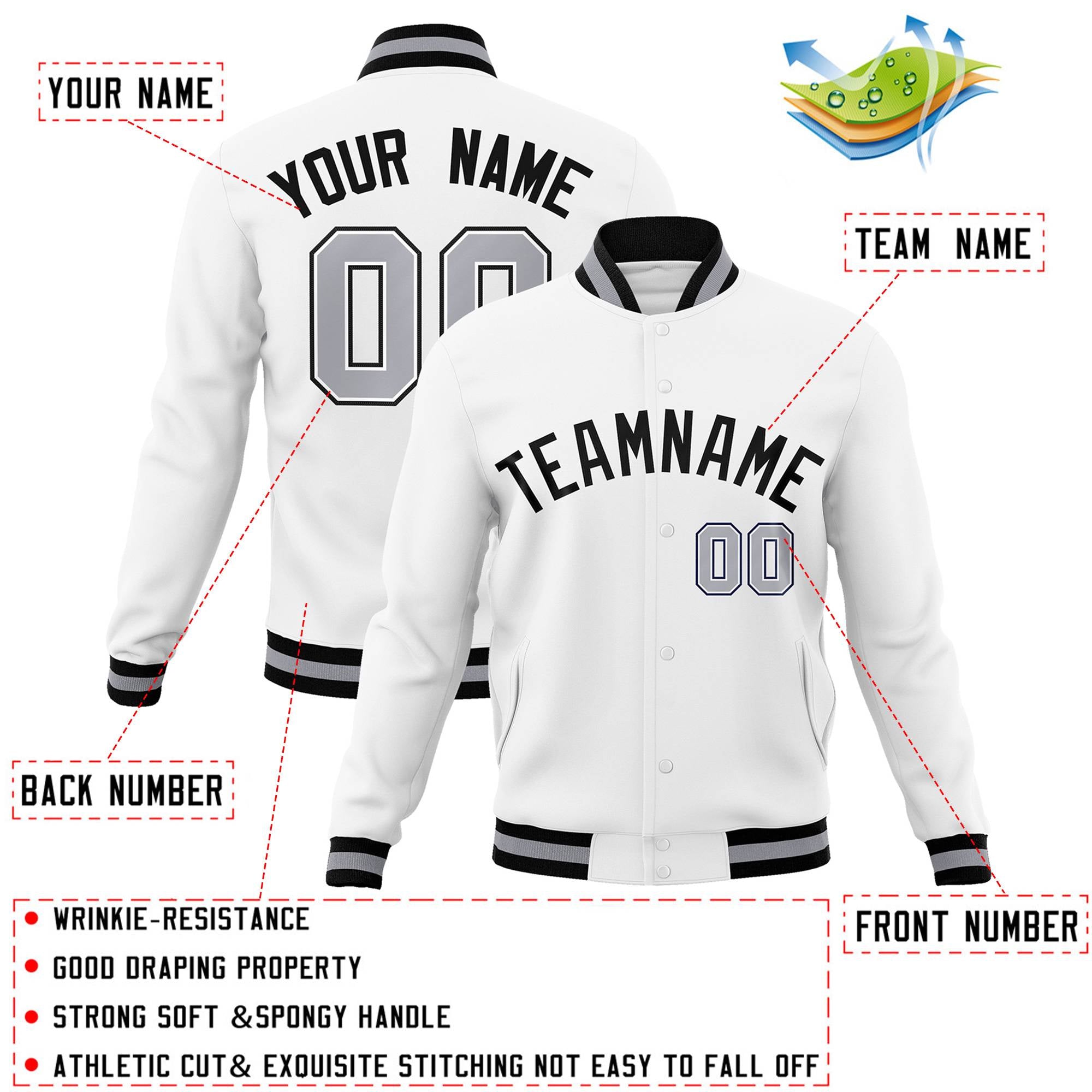 Custom White Black Classic Style Varsity Full-Snap Letterman Jacket