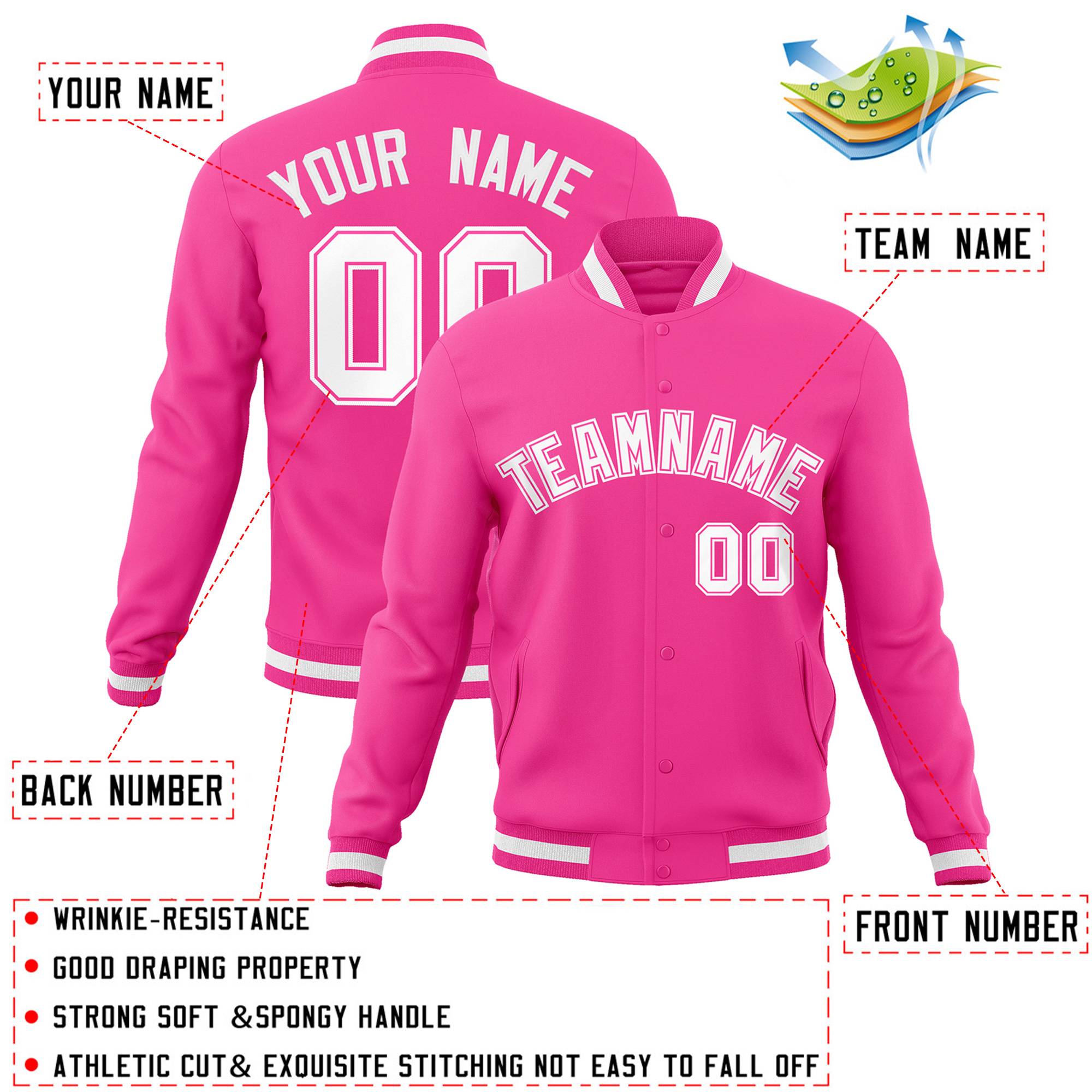 Custom Pink White-Pink Classic Style Varsity Full-Snap Letterman Jacket