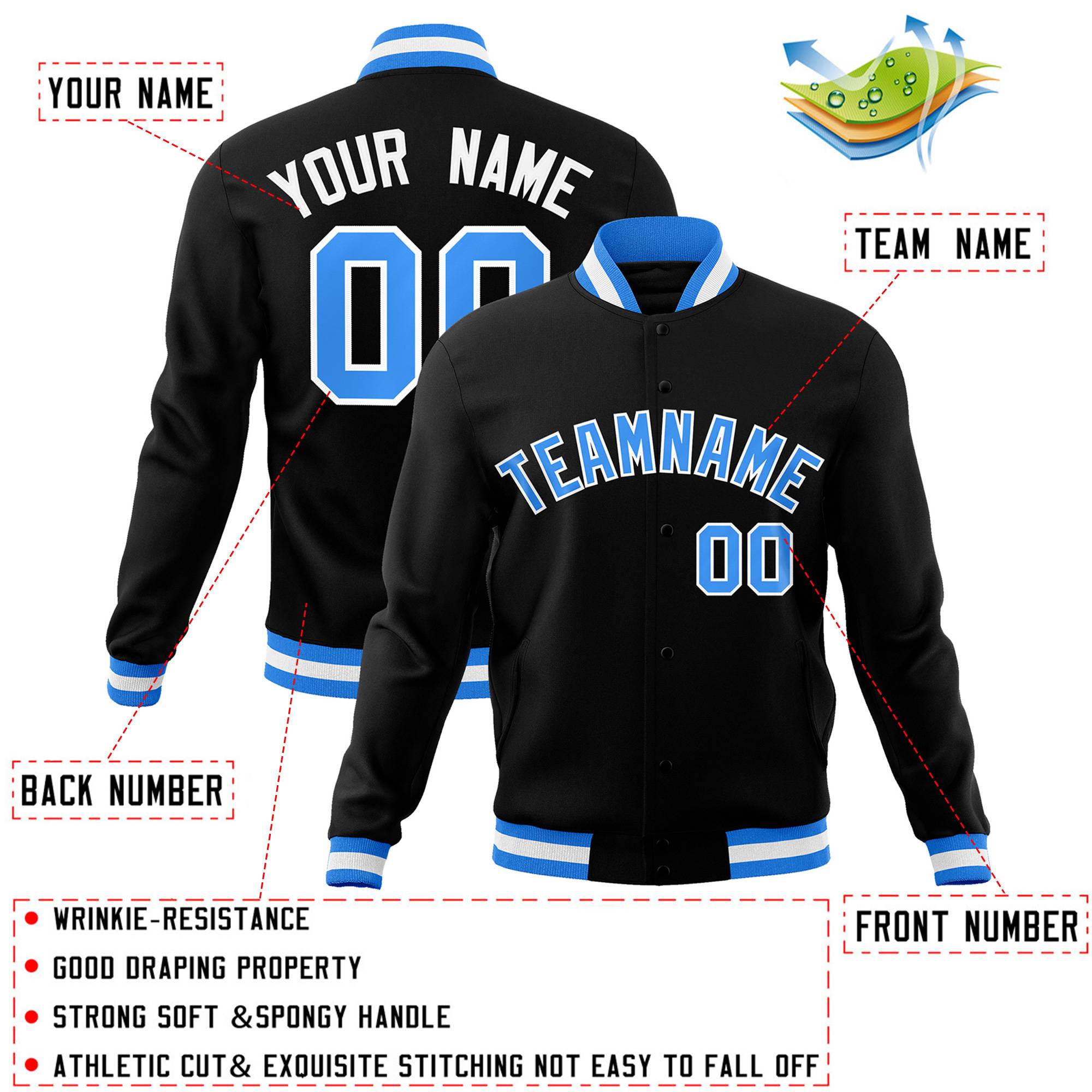 Custom Black Powder Blue-White Classic Style Varsity Full-Snap Letterman Jacket