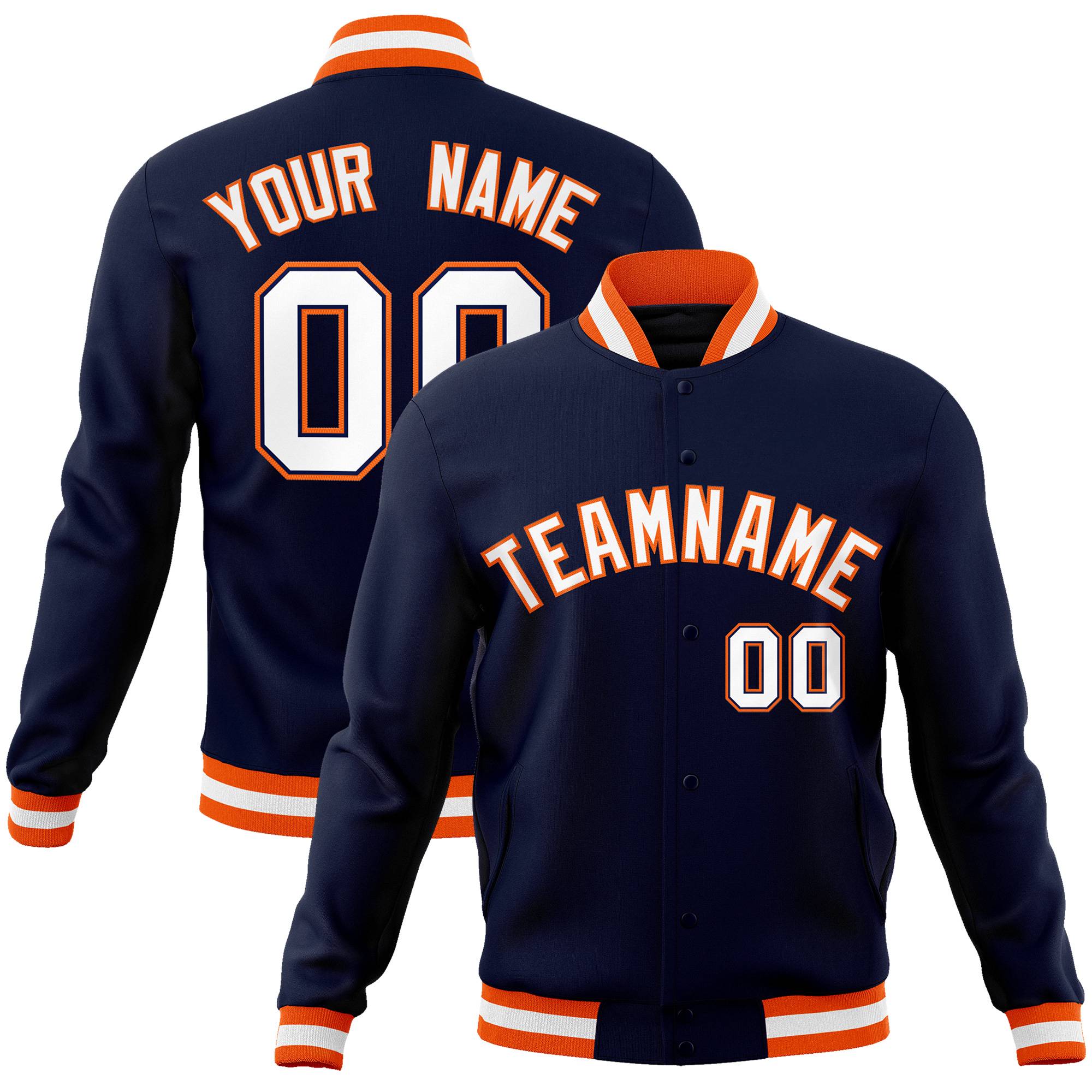 Custom Navy White-Orange Classic Style Varsity Full-Snap Letterman Jacket