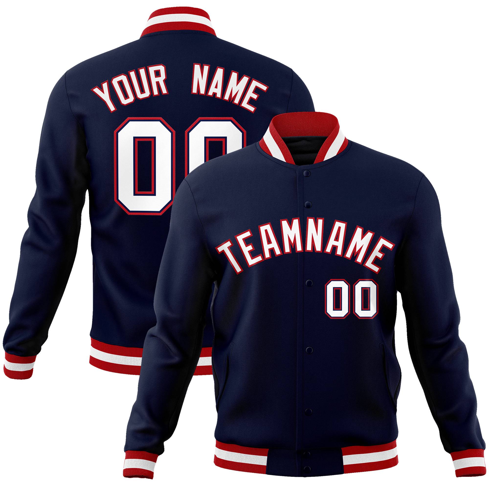 Veste Letterman personnalisée de style classique bleu marine blanc-rouge