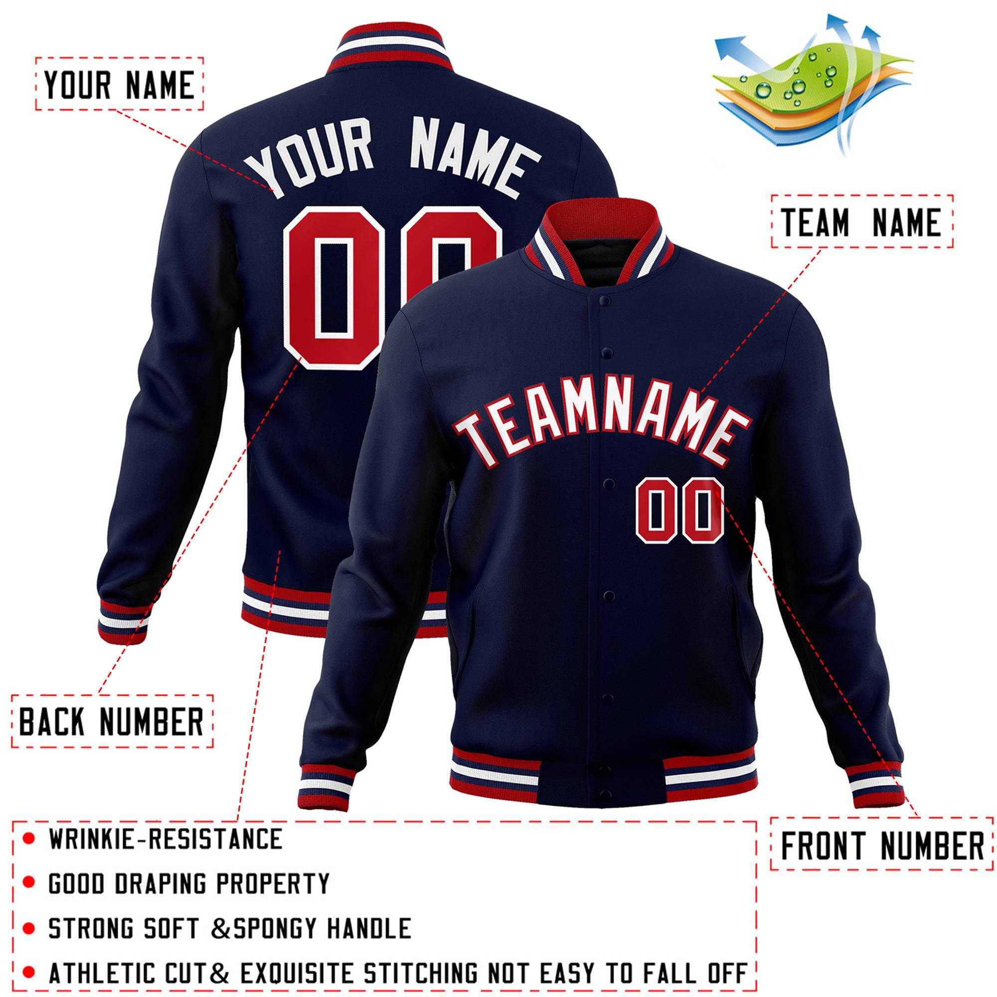 Custom Navy White-Red Classic Style Varsity Full-Snap Letterman Jacket