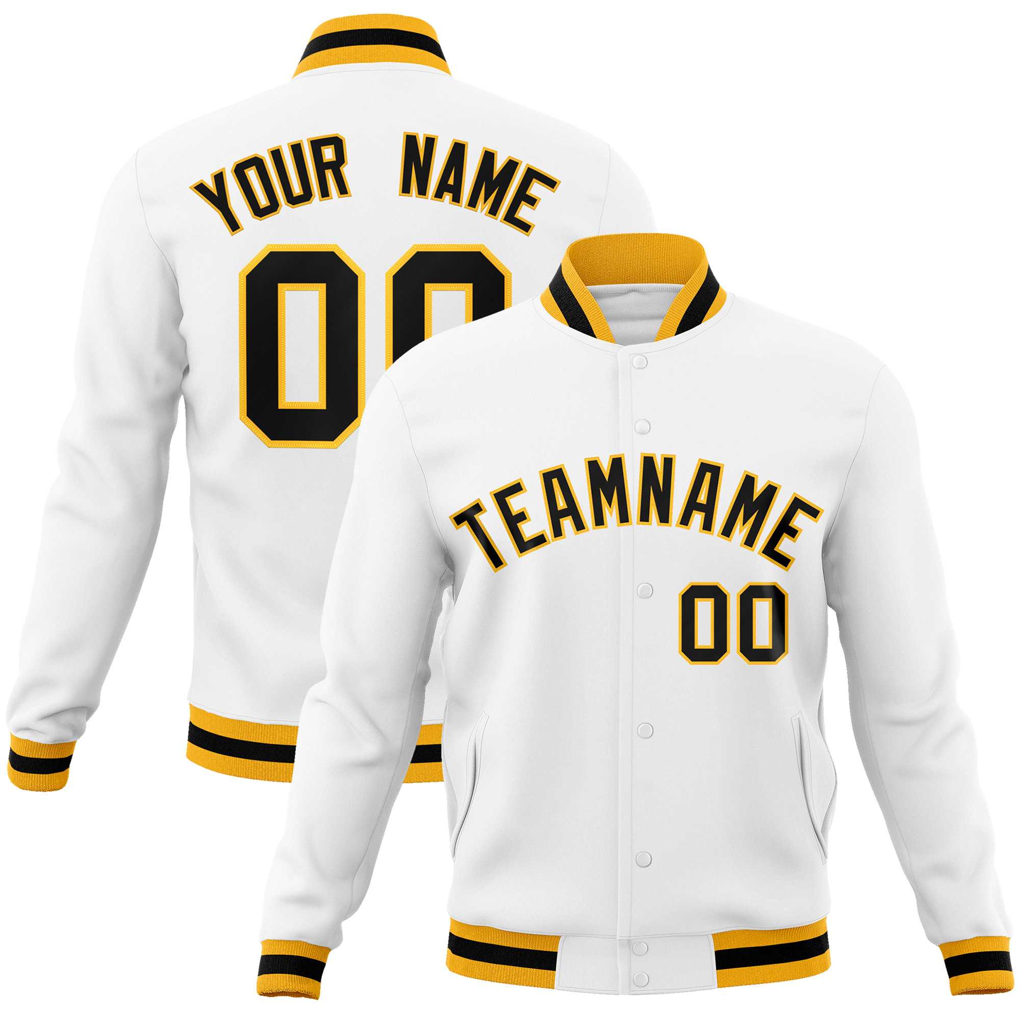 Custom White Black-Gold Classic Style Varsity Full-Snap Letterman Jacket