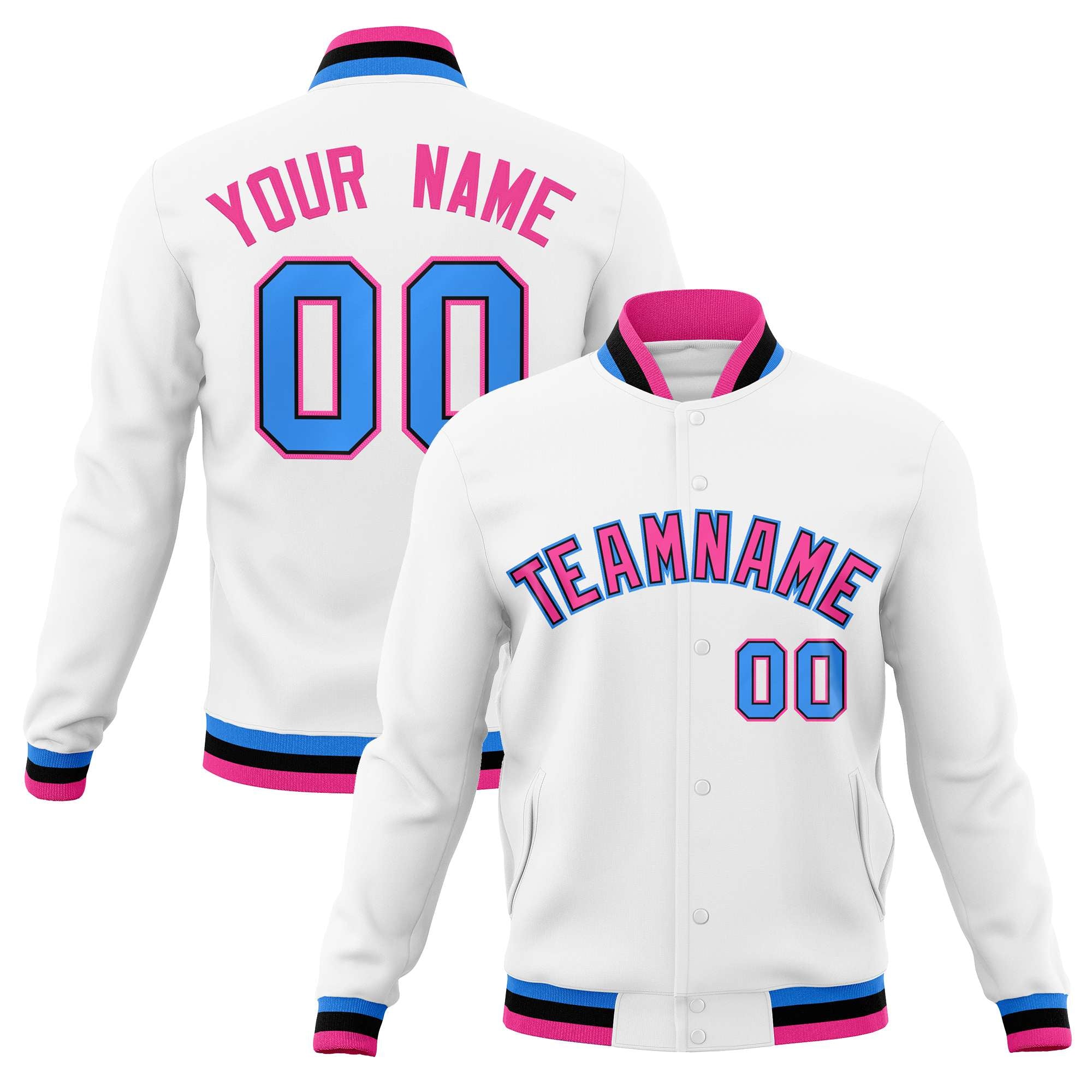 Custom White Pink-Powder Blue Classic Style Varsity Full-Snap Letterman Jacket