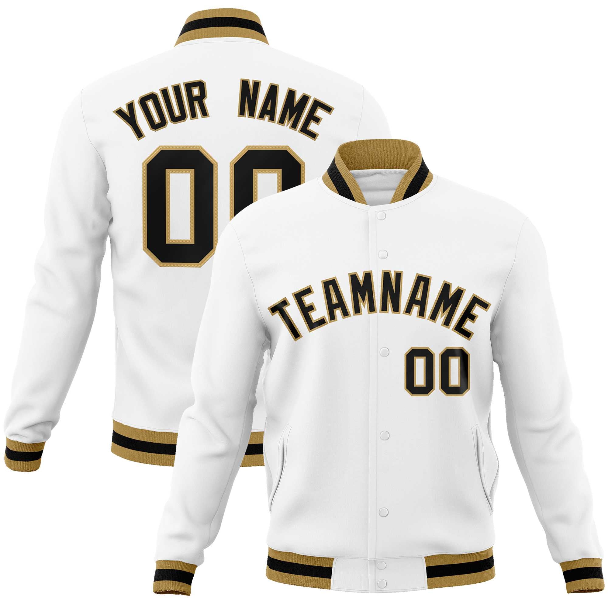 Custom White Black-Old Gold Classic Style Varsity Full-Snap Letterman Jacket